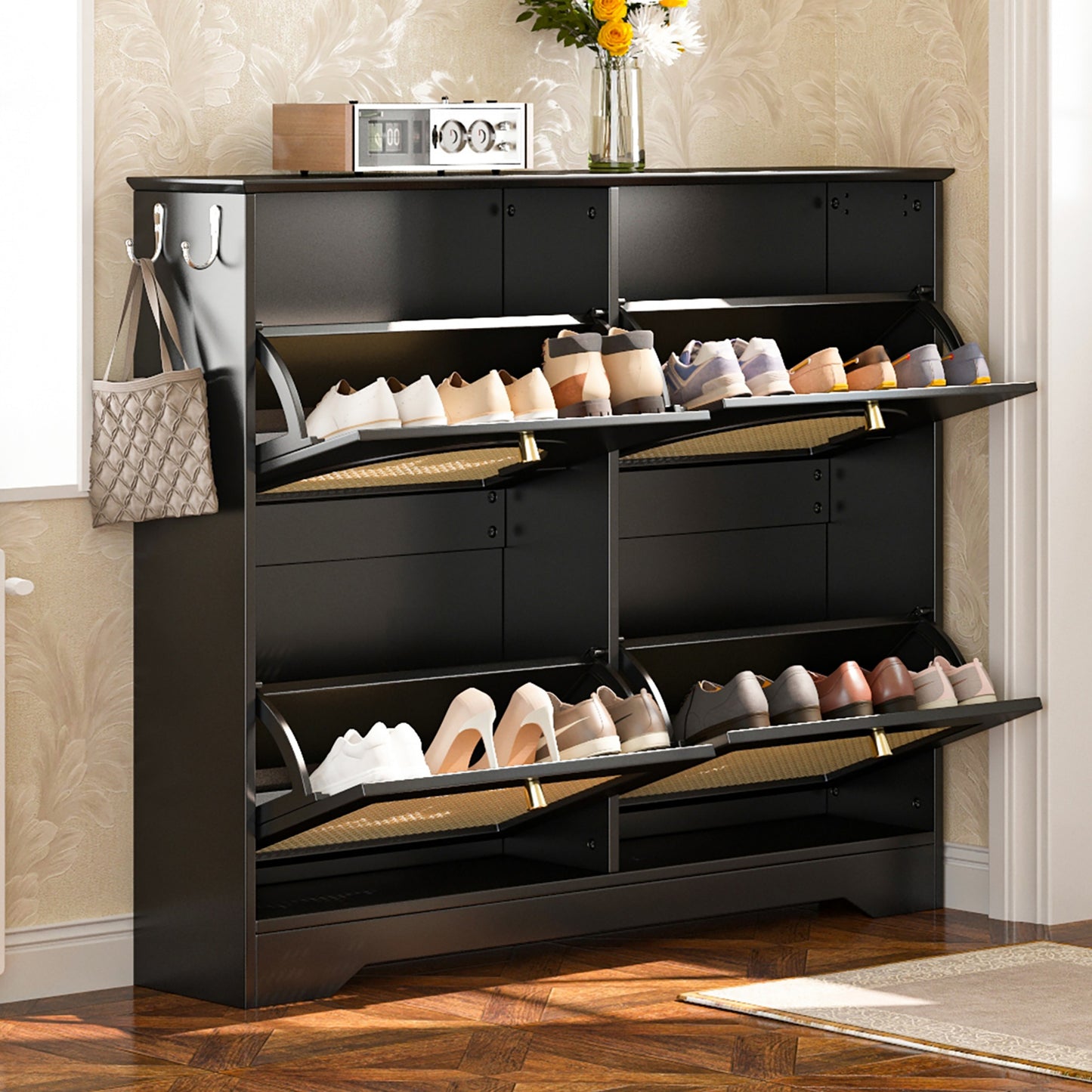 VIYET 35" Mid-Century Narrow Shoe Cabinet, MDF Organizer w/ 4 Rattan Flip Drawers &2 Silver Hooks,Black+white