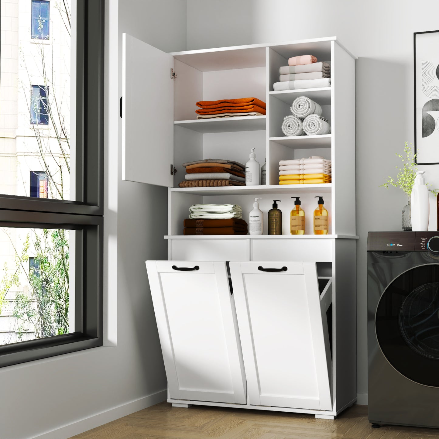 VIYET 63" White Freestanding Laundry Cabinet-Particle Board+MDF, Tilt-Out Hamper, Adjustable Shelves & Multiple Storage