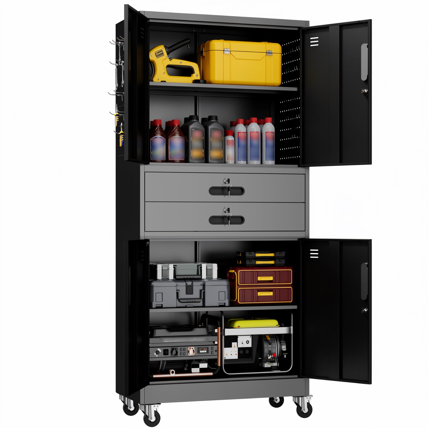VIYET 71" Metal Garage Storage Cabinet with Drawers, Locking Doors, Pegboard, Wheels & Adjustable Shelves for Workshop Utility Room