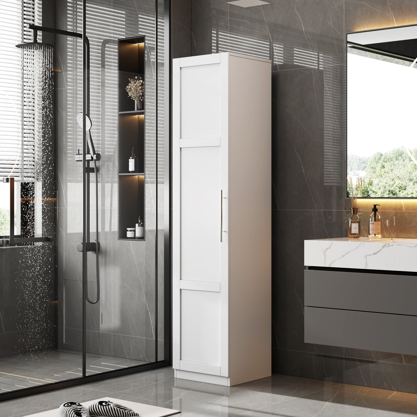 VIYET 71" Freestanding Kitchen Pantry Cabinet - White Particle Board+MDF, 2 Adjustable Shelves, Side Racks