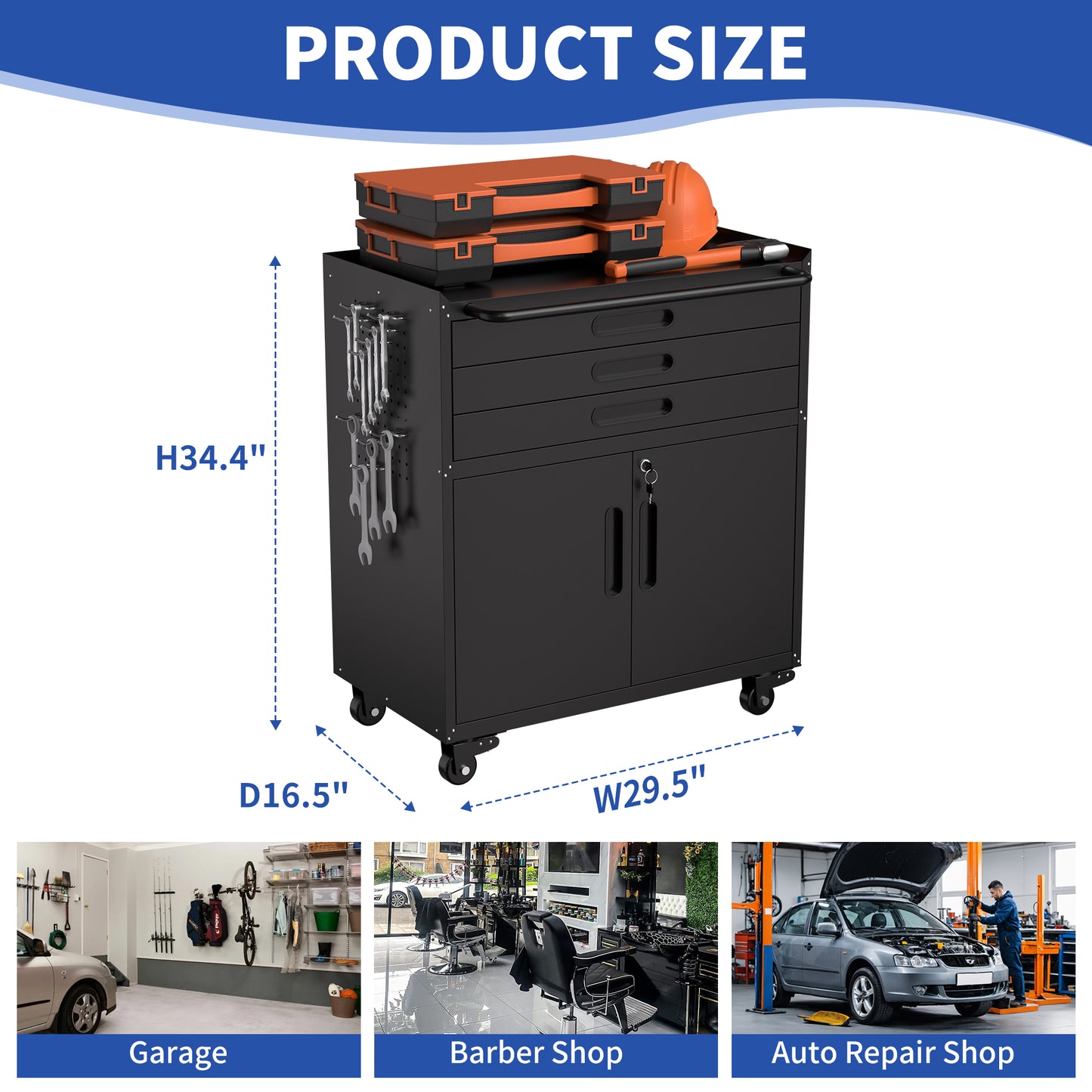 VIYET 34" Heavy-Duty Rolling Metal Tool Cabinet - 3-Drawer Garage Storage Organizer with Lockable Wheels, Black