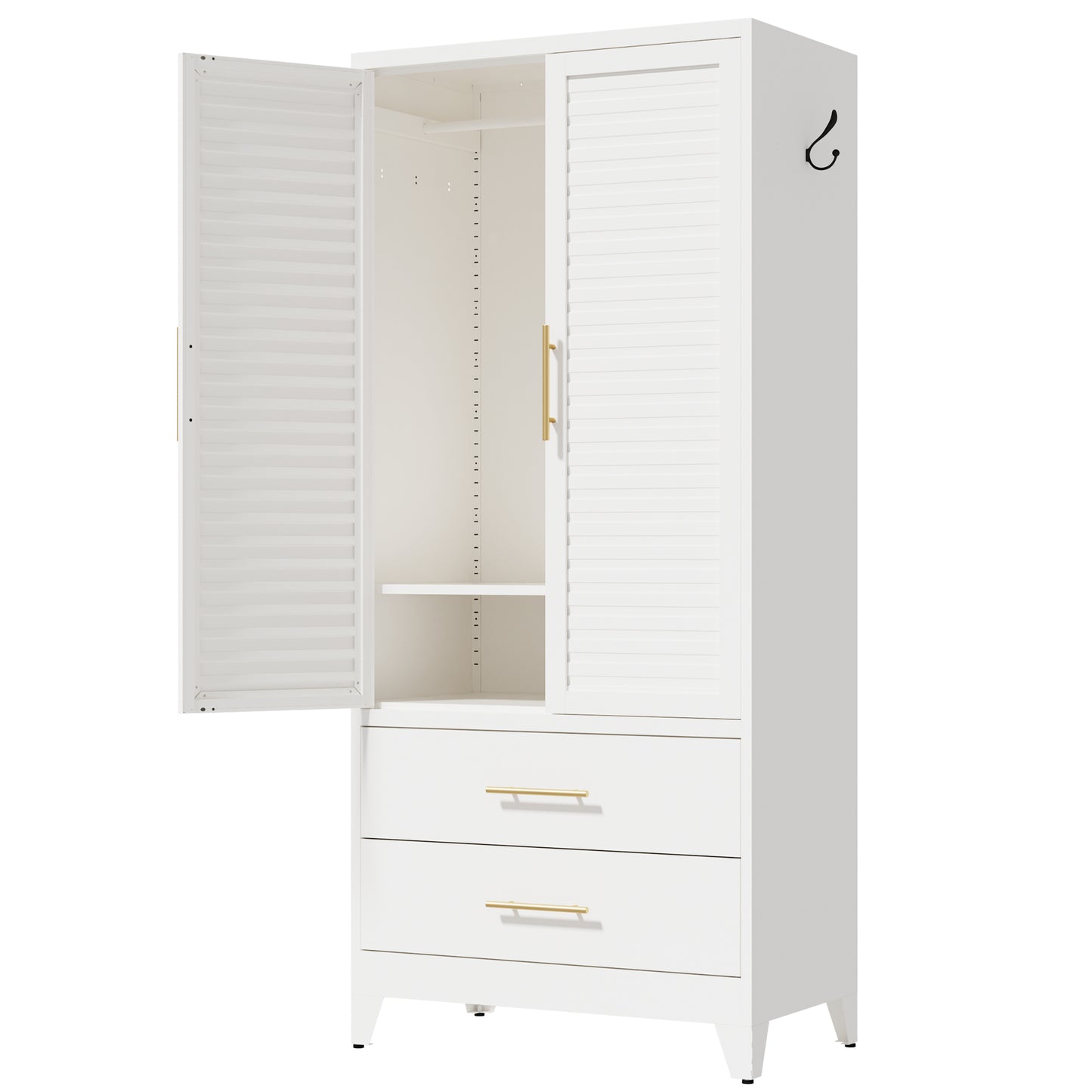 VIYET 71" Metal Wardrobe Closet with 2 Doors & 2 Drawers, Freestanding Steel Storage Cabinet with Hanging Rod & Adjustable Shelf
