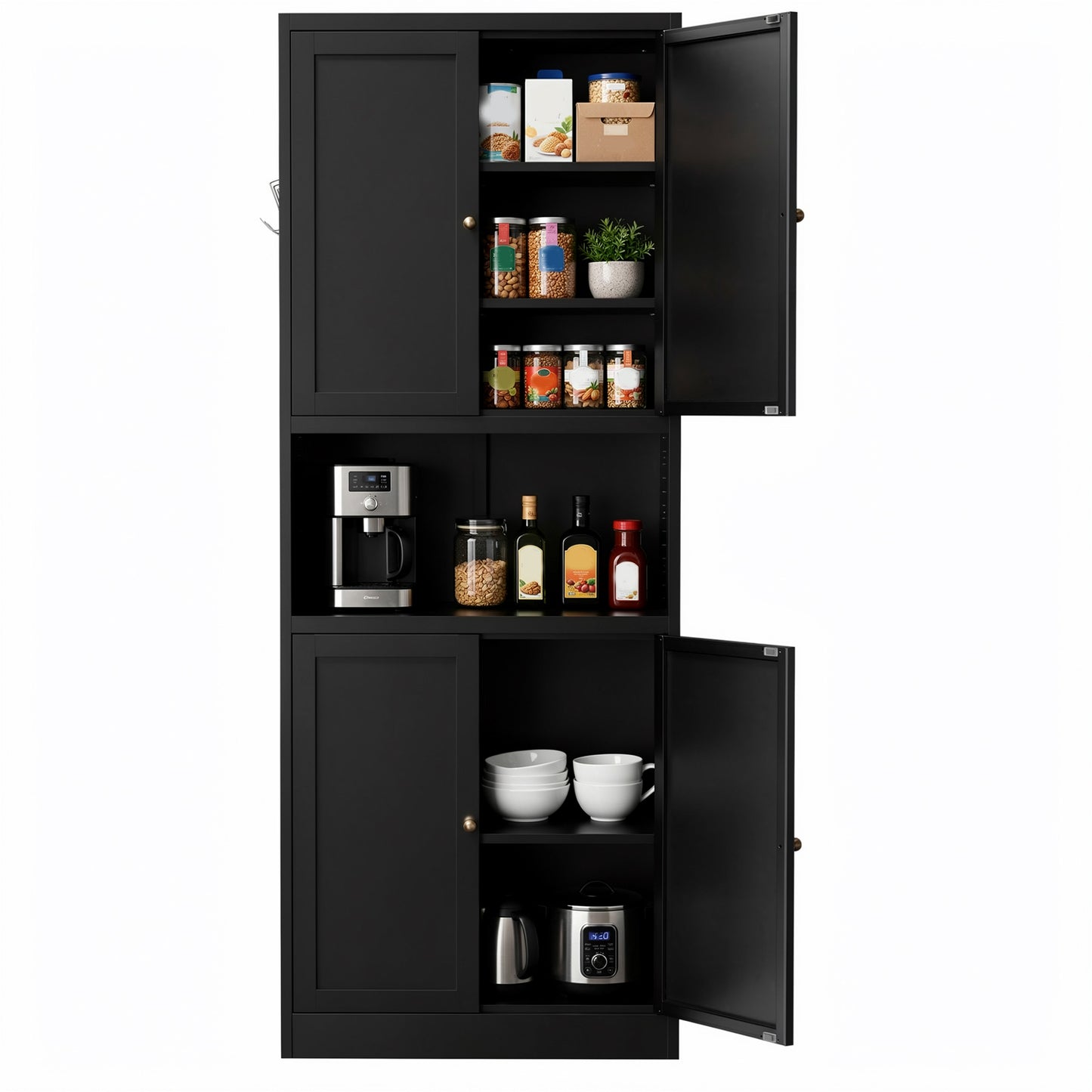VIYET 72" Black Metal Kitchen Pantry Cabinet with Large Countertop, Adjustable Shelves & Hooks, Freestanding Coffee Bar Storage Cabinet