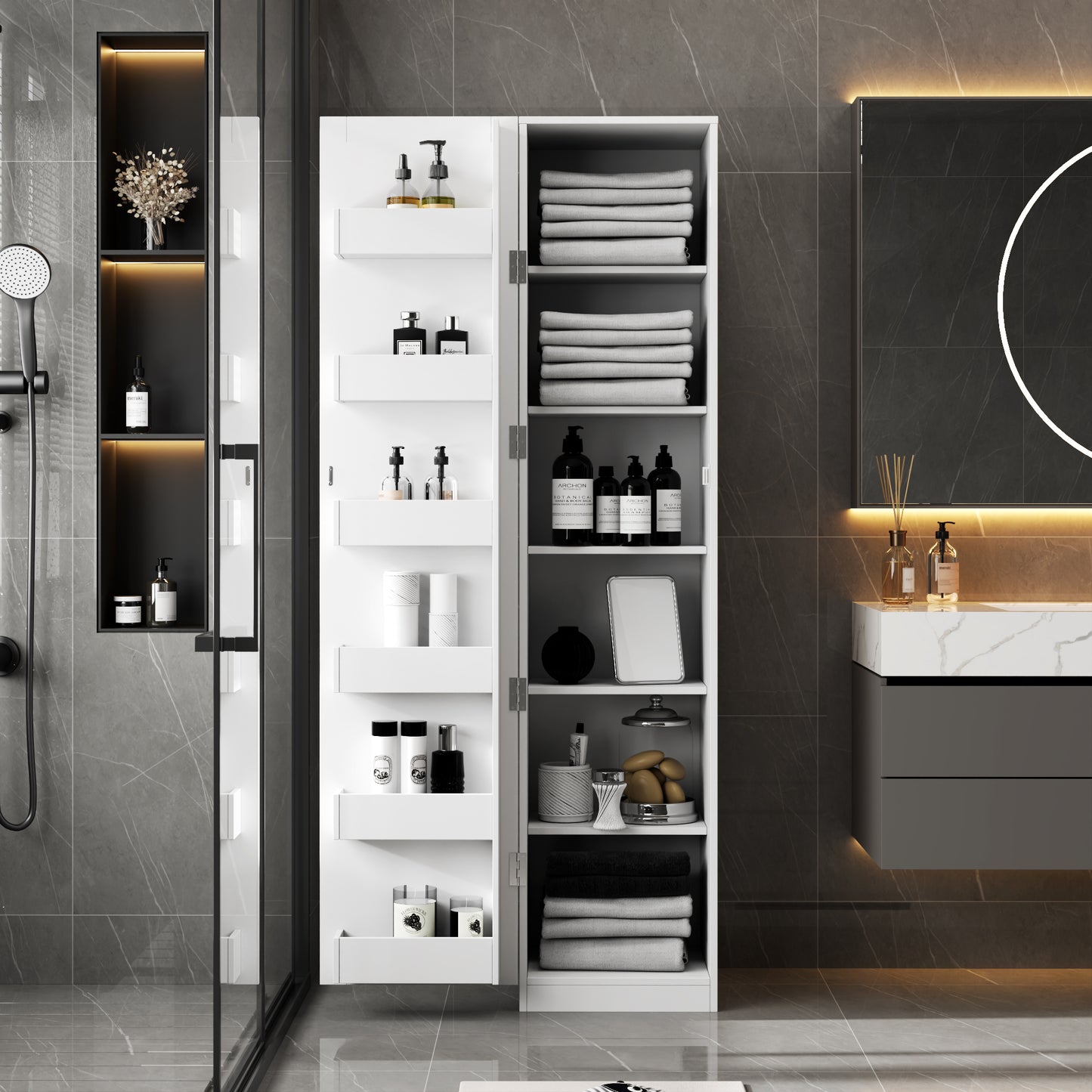 VIYET 71" Freestanding Kitchen Pantry Cabinet - White Particle Board+MDF, 2 Adjustable Shelves, Side Racks