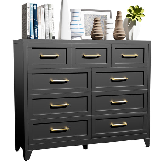 VIYET 9-Drawer Black Dresser for Bedroom, Tall Wide Chest of Drawers with Smooth-Glide Storage