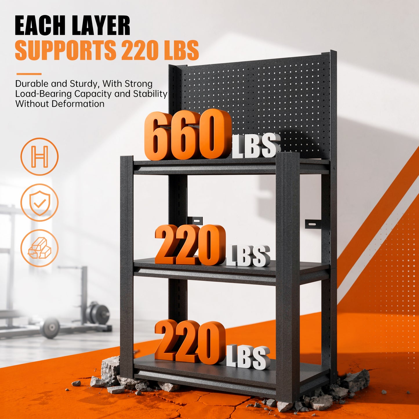 VIYET 3-Tier Metal Storage Shelf with Pegboard, 660 lbs Capacity, Adjustable Garage Shelving Rack for Tools, Workshop, Basement & Utility Room