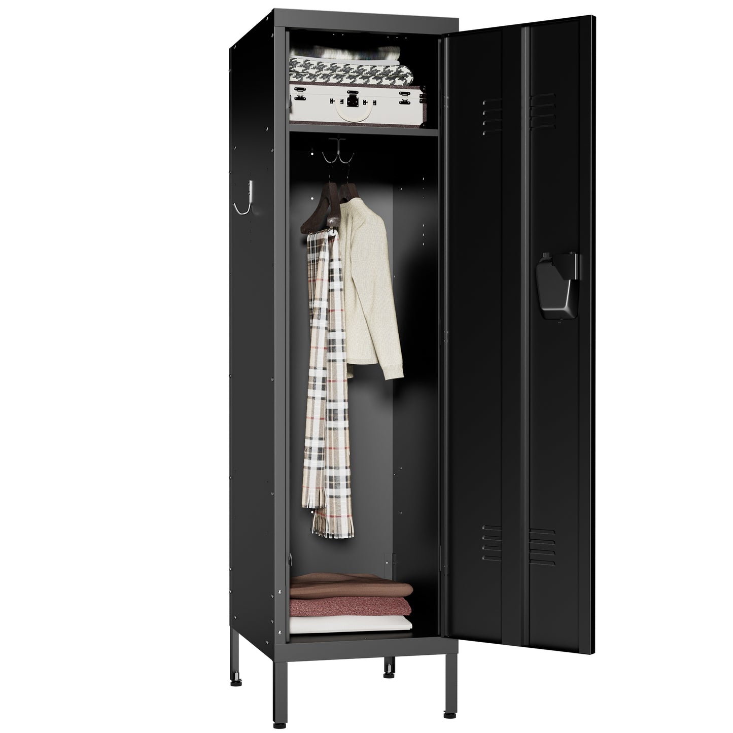 VIYET 55" Metal Wardrobe Cabinet, Narrow Steel Clothing Storage with Lock, Ventilated Door & Side Hooks, Bedroom Closet for Small Spaces, Black