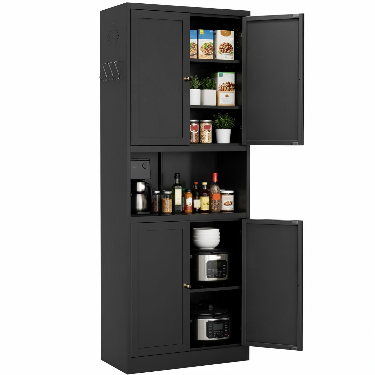 VIYET 72" Black Metal Kitchen Pantry Cabinet with Large Countertop, Adjustable Shelves & Hooks, Freestanding Coffee Bar Storage Cabinet