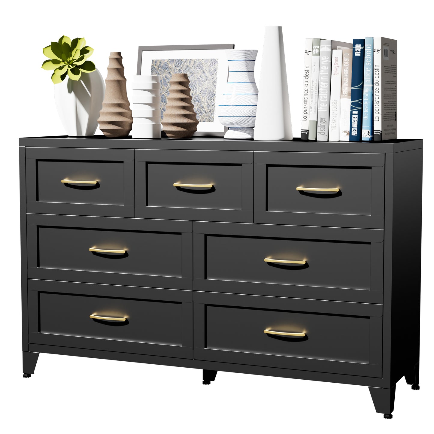 VIYET 7-Drawer Black Dresser, Wide Low-Profile Bedroom Storage Chest with Smooth-Glide Drawers