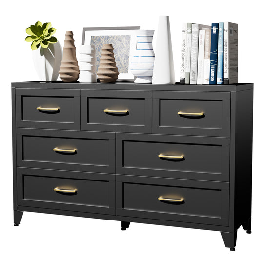 VIYET 7-Drawer Black Dresser, Wide Low-Profile Bedroom Storage Chest with Smooth-Glide Drawers
