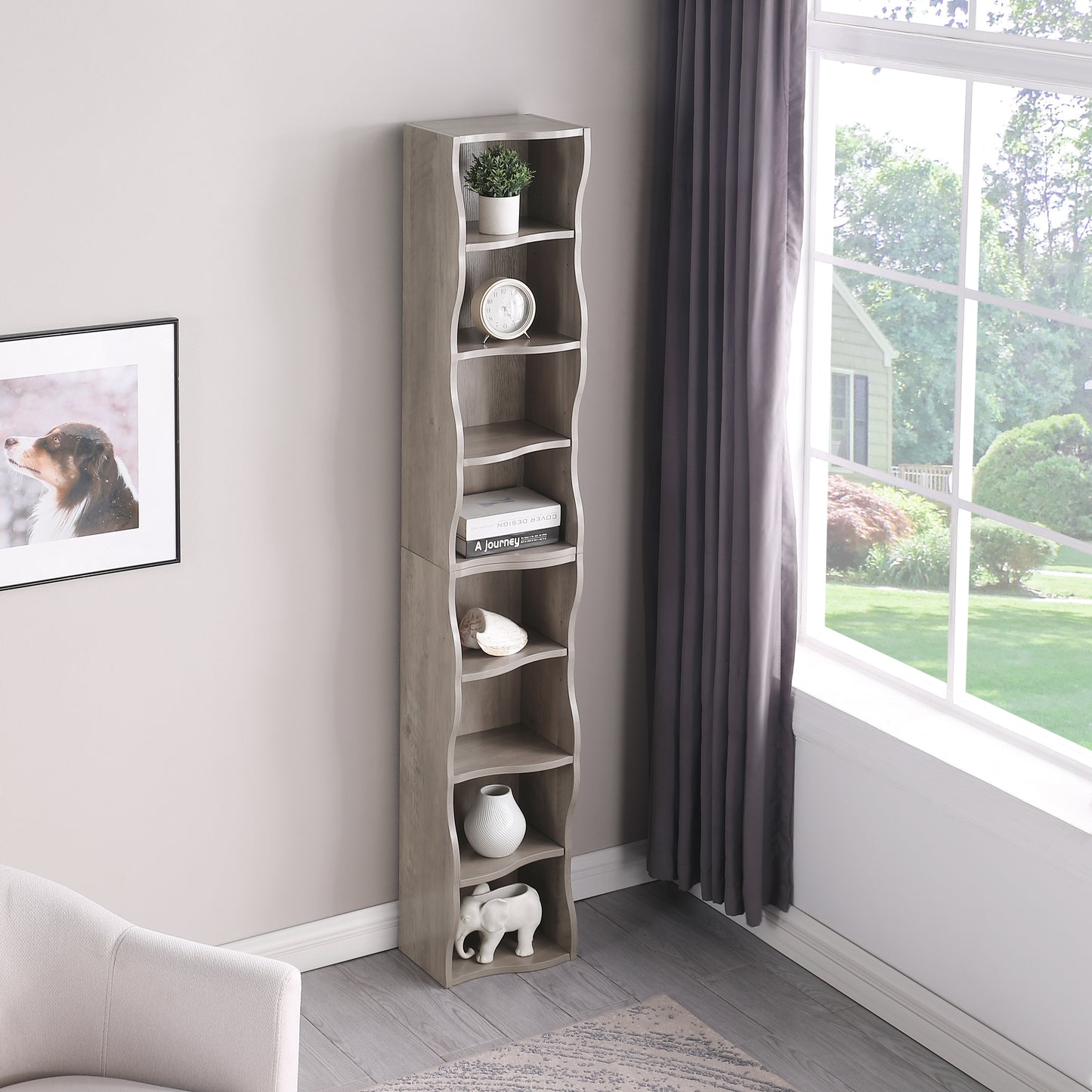VIYET 71" 8-Tier Ultra-Thin Adjustable Bookshelf, Gray MDF Display Rack w/ Wavy Border (Detachable Home Office Organizer)