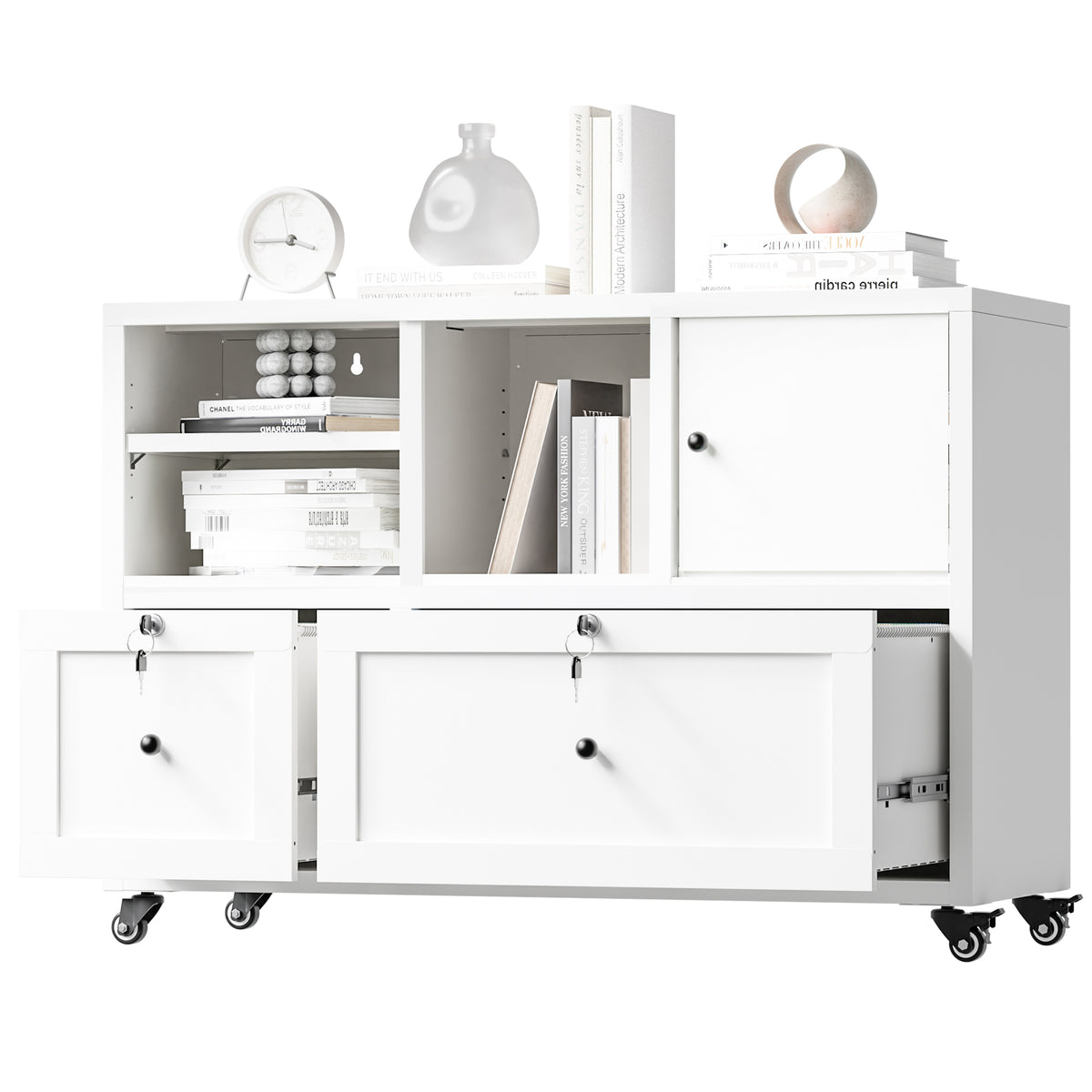 VIYET 28" White Metal 2-Drawer Lateral File Cabinet with Lock and Wheels, Rolling Office Storage for Letter, Legal & A4 Files