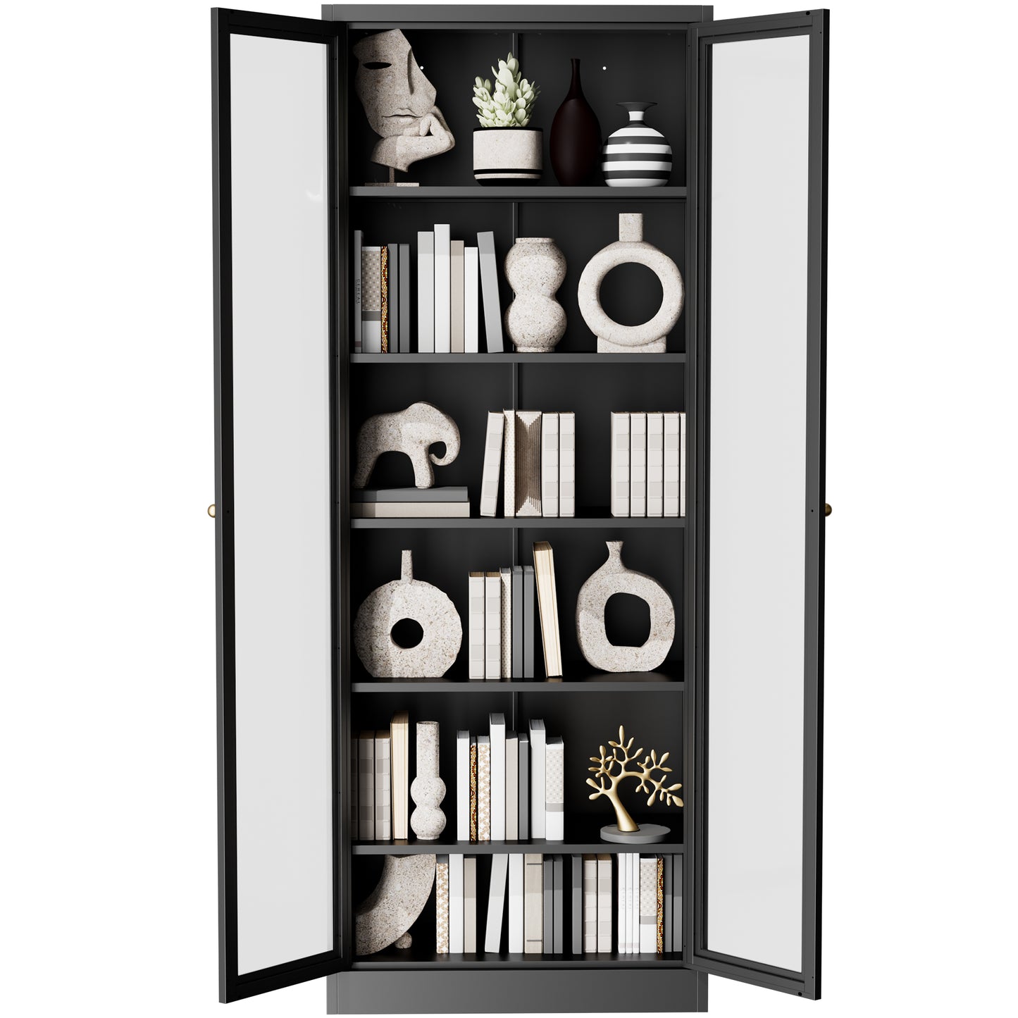 VIYET Metal Pantry Cabinet, 72" Tall Kitchen Storage Cabinet with Glass Doors and 5 Adjustable Shelves, Freestanding Steel Utility Cabinet for Kitchen, Bathroom, Pantry, Black