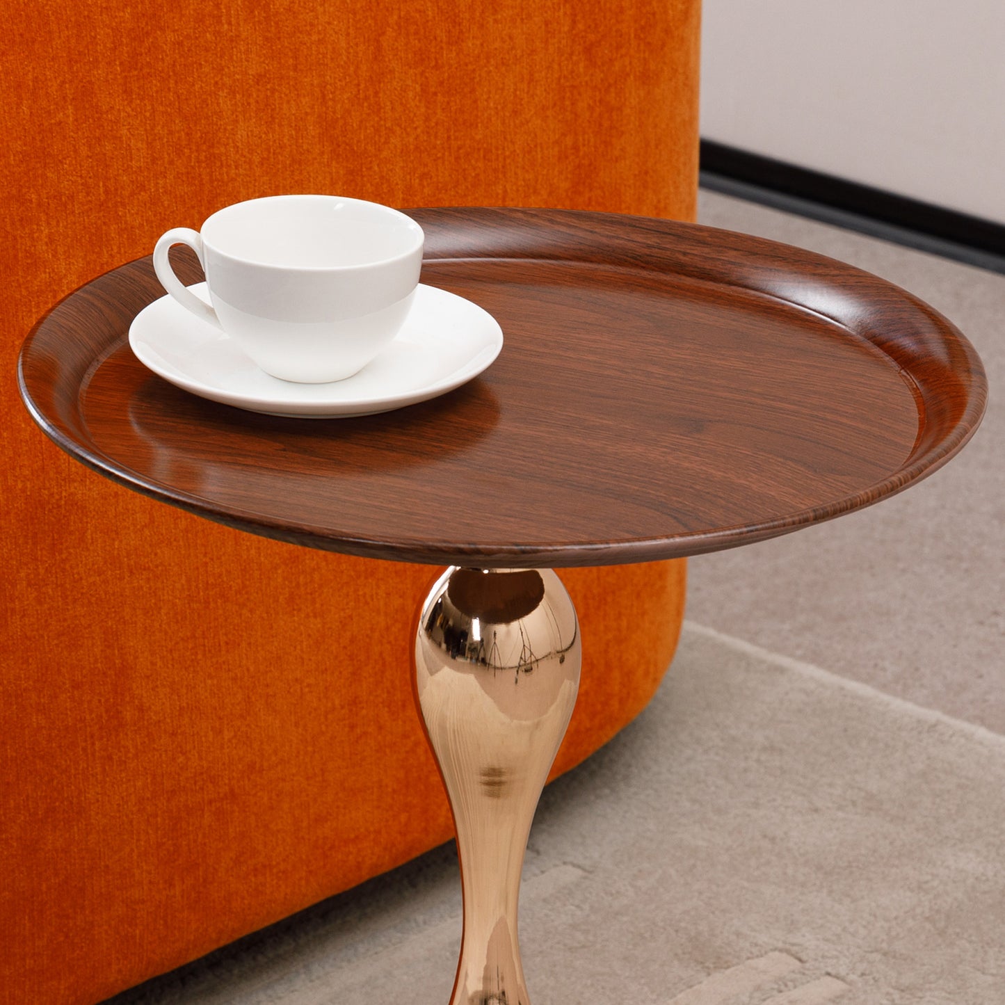 VIYET 21" Mermaid Tail Round End Table, Art Deco Metal Pedestal Accent Table, Minimalist Tray-Style Side Table for Small Spaces (Walnut Brown)