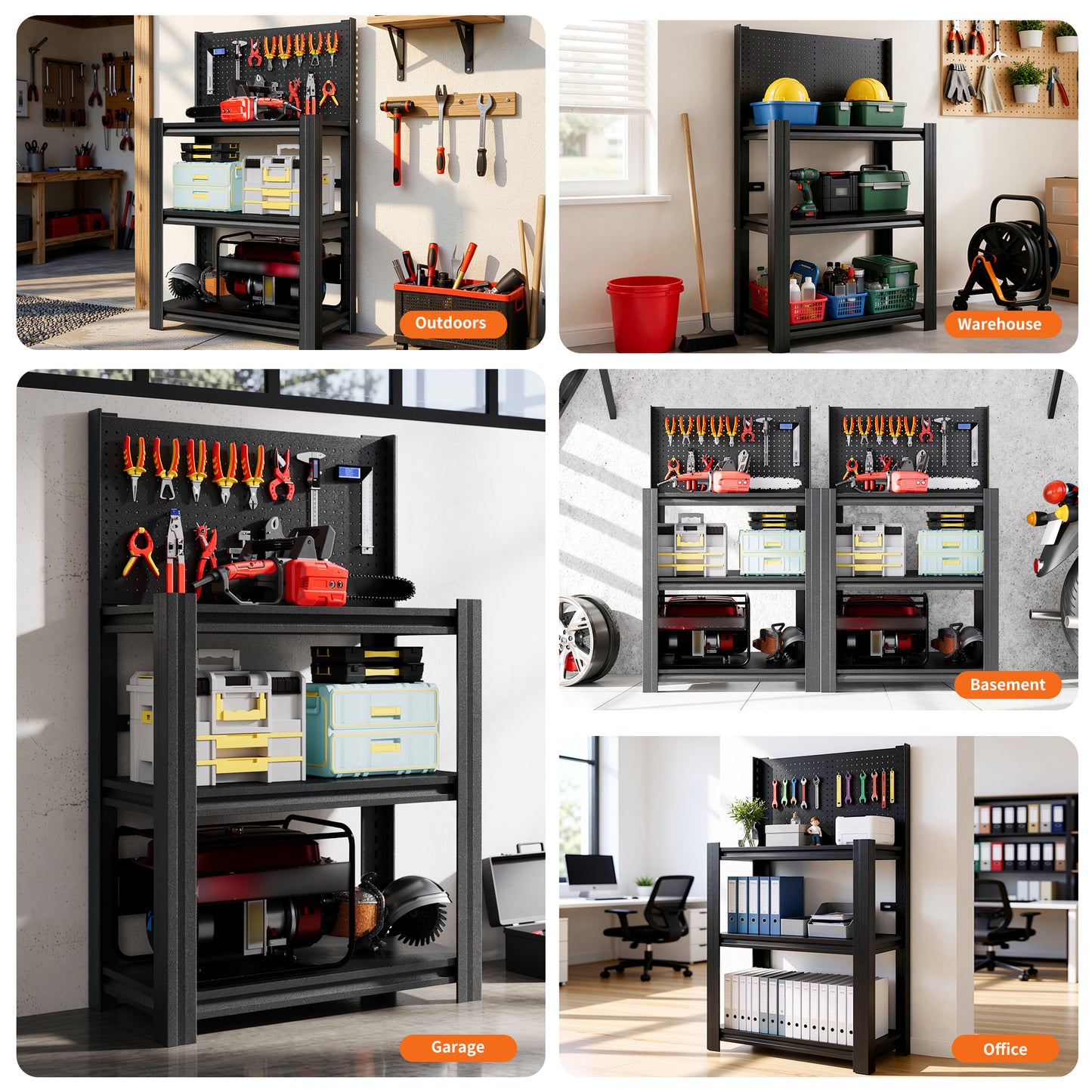 VIYET 3-Tier Metal Storage Shelf with Pegboard, 660 lbs Capacity, Adjustable Garage Shelving Rack for Tools, Workshop, Basement & Utility Room