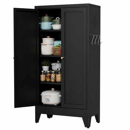 VIYET 47" Black Metal Pantry Cabinet with Adjustable Shelves, Freestanding Kitchen Storage Cabinet with Doors for Pantry, Bathroom & Living Room