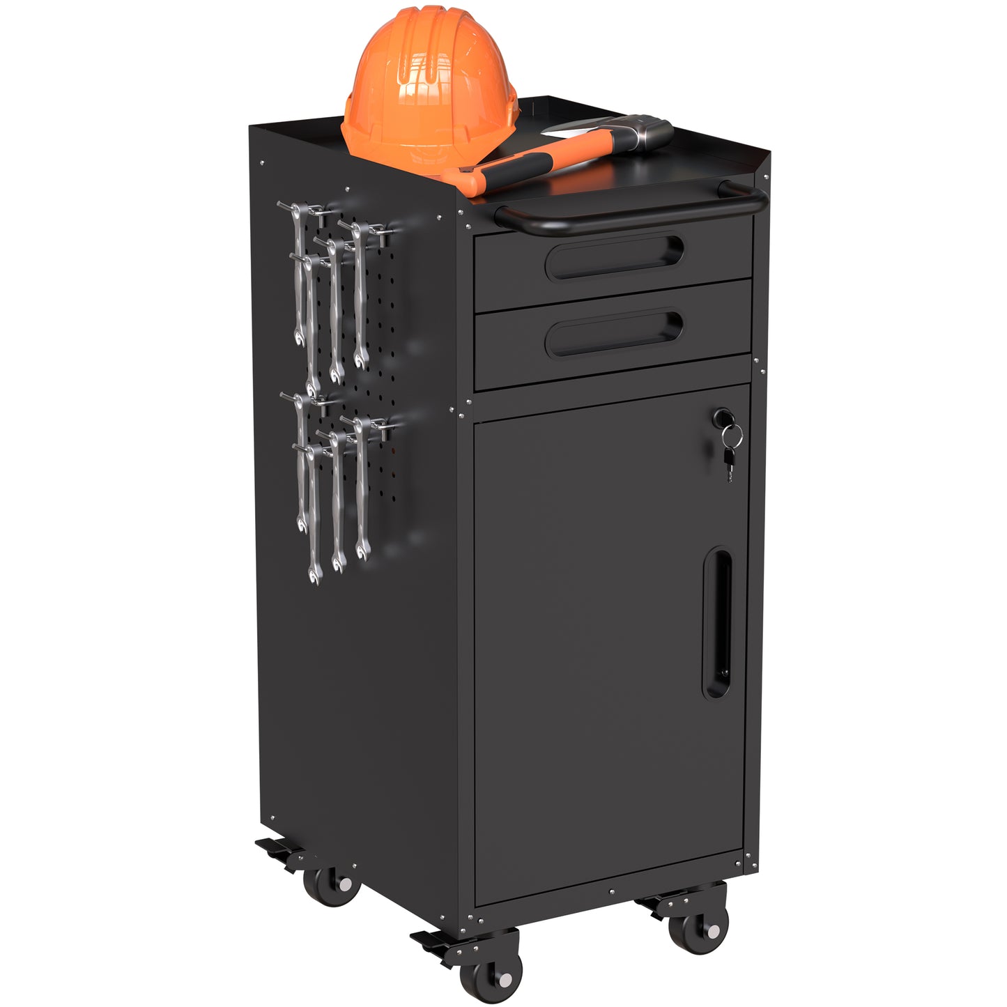 VIYET 34" Narrow Rolling Tool Cabinet - Slim 2-Drawer Space-Saving Storage with Lockable Door, Black