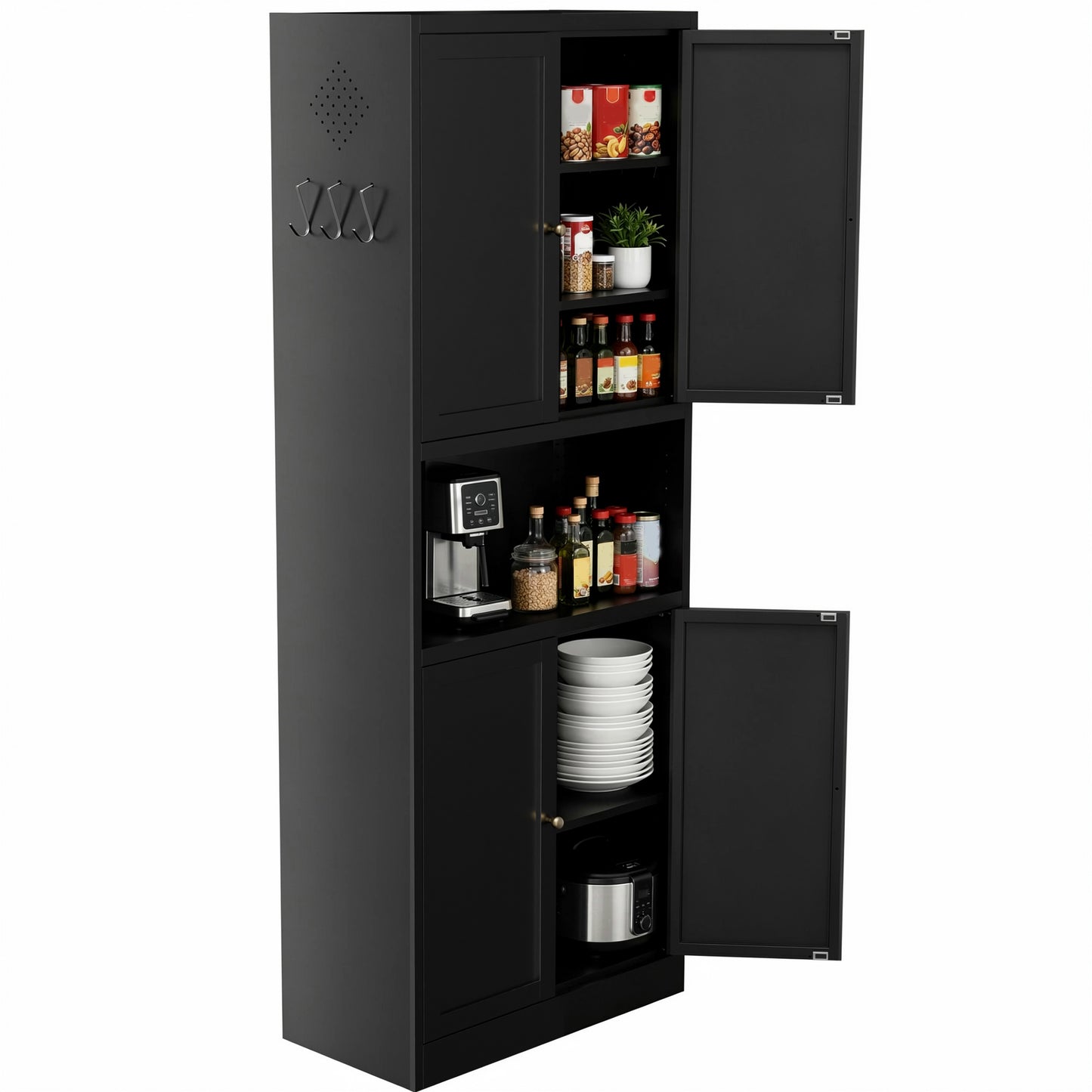 VIYET 72" Black Metal Kitchen Pantry Cabinet with Large Countertop, Adjustable Shelves & Hooks, Freestanding Coffee Bar Storage Cabinet