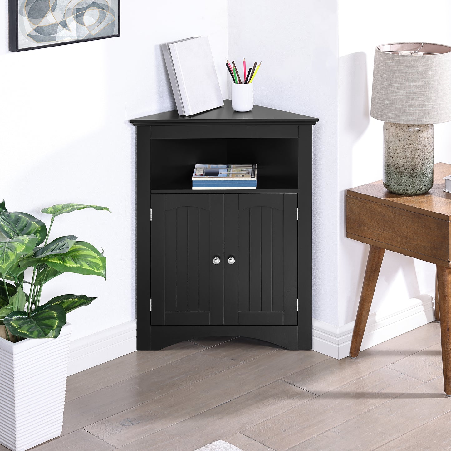 VIYET 32" Multifunctional Corner Cabinet - Black MDF, Freestanding, Doors & Adjustable Shelves