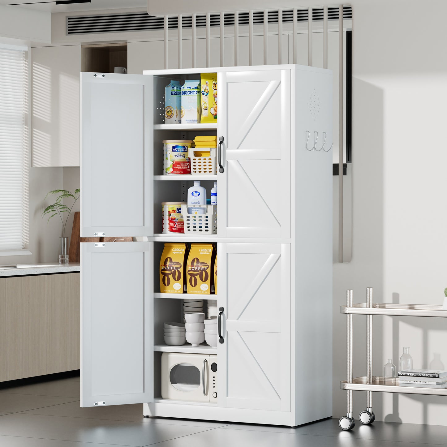 VIYET 64"H Heavy-Duty White Steel Pantry Cabinet,55LBS/Shelf Adjustable Shelves+Magnetic Door,for Kitchen/Bathroom/Living Room