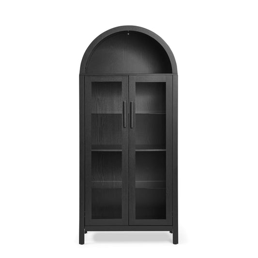 VIYET 67" Arched Storage Cabinet - LED Lamp, black MDF, Adjustable Glass Partitions