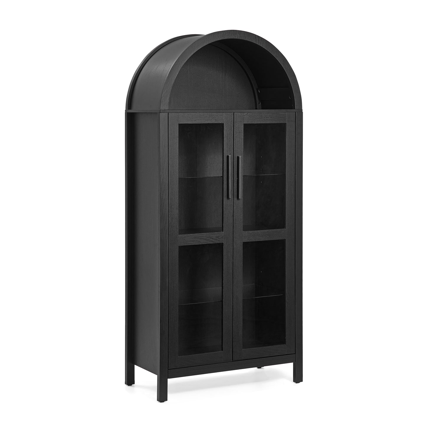 VIYET 67" Arched Storage Cabinet - LED Lamp, black MDF, Adjustable Glass Partitions