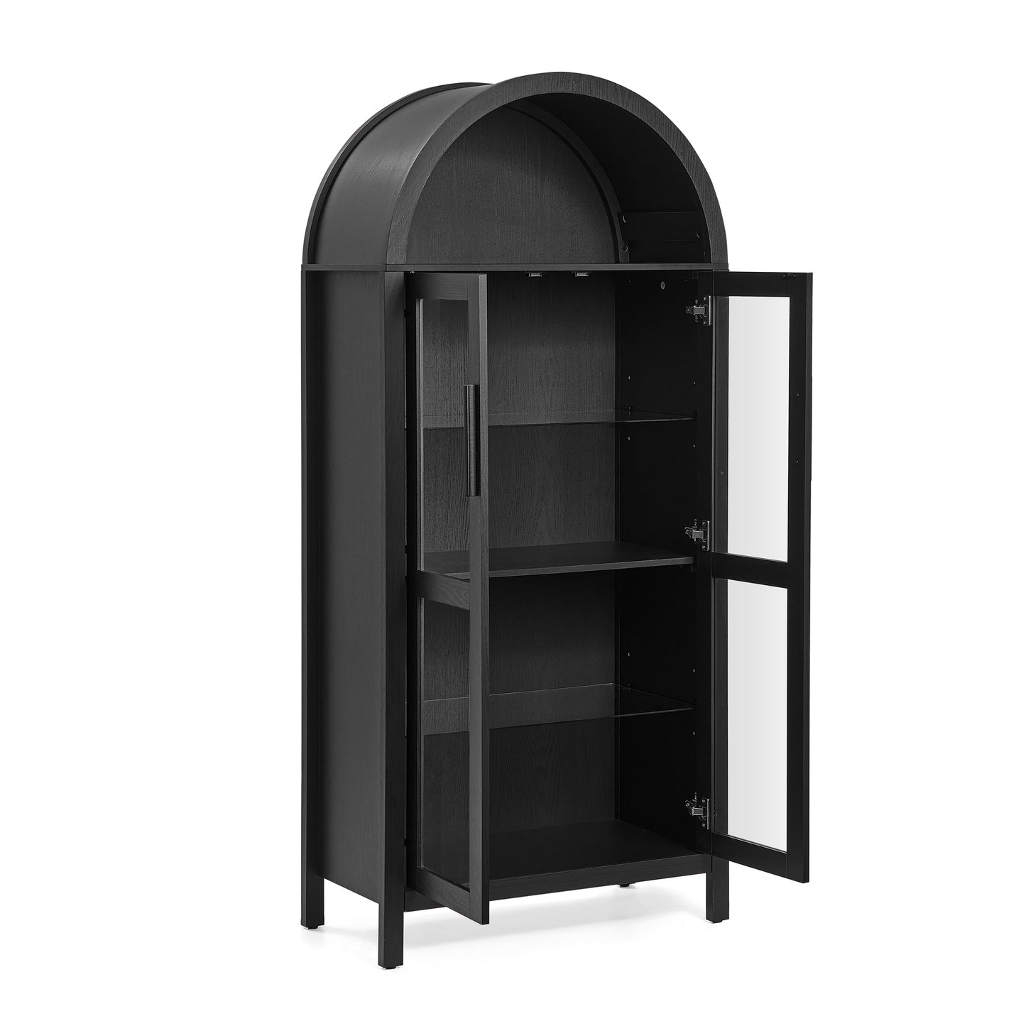 VIYET 67" Arched Storage Cabinet - LED Lamp, black MDF, Adjustable Glass Partitions
