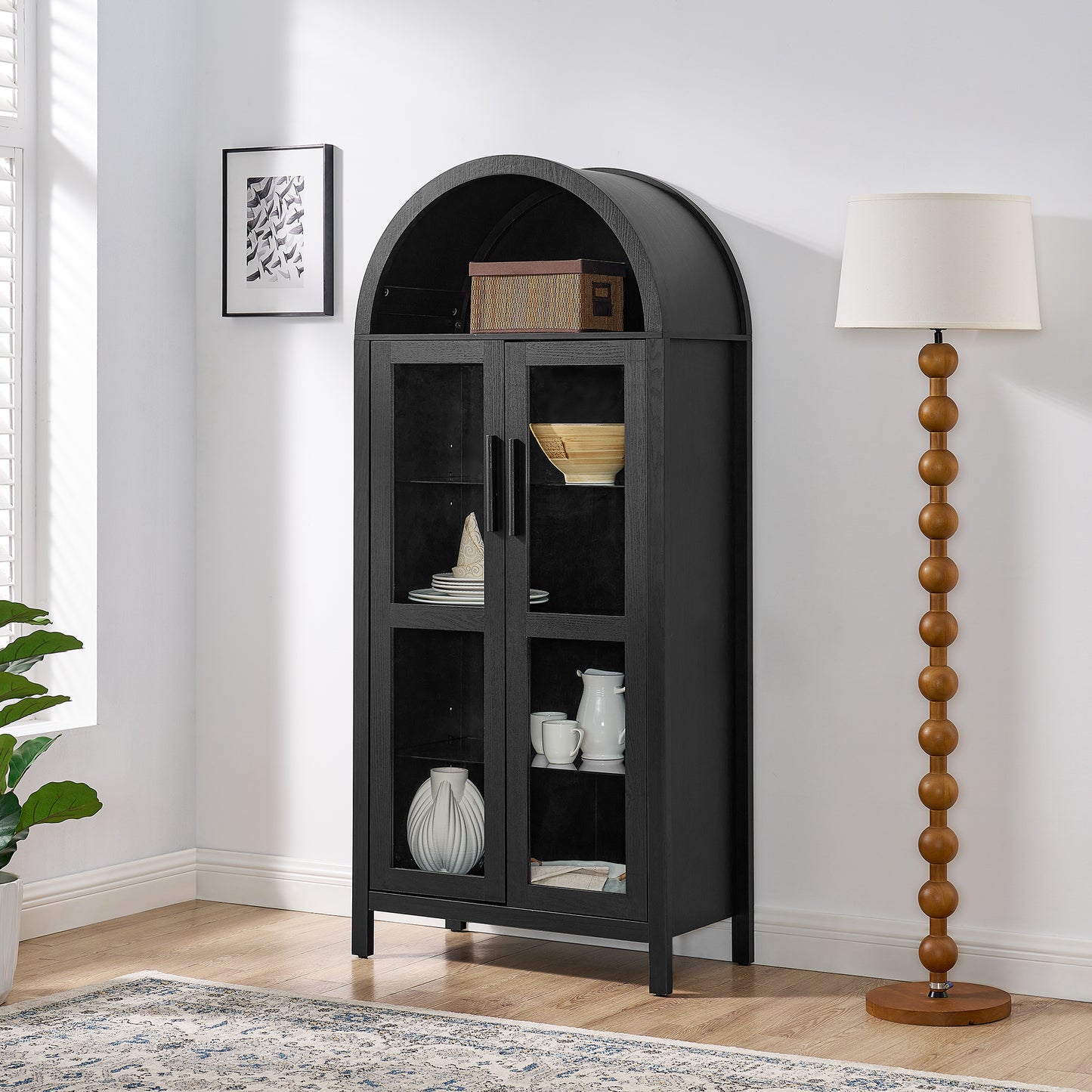 VIYET 67" Arched Storage Cabinet - LED Lamp, black MDF, Adjustable Glass Partitions
