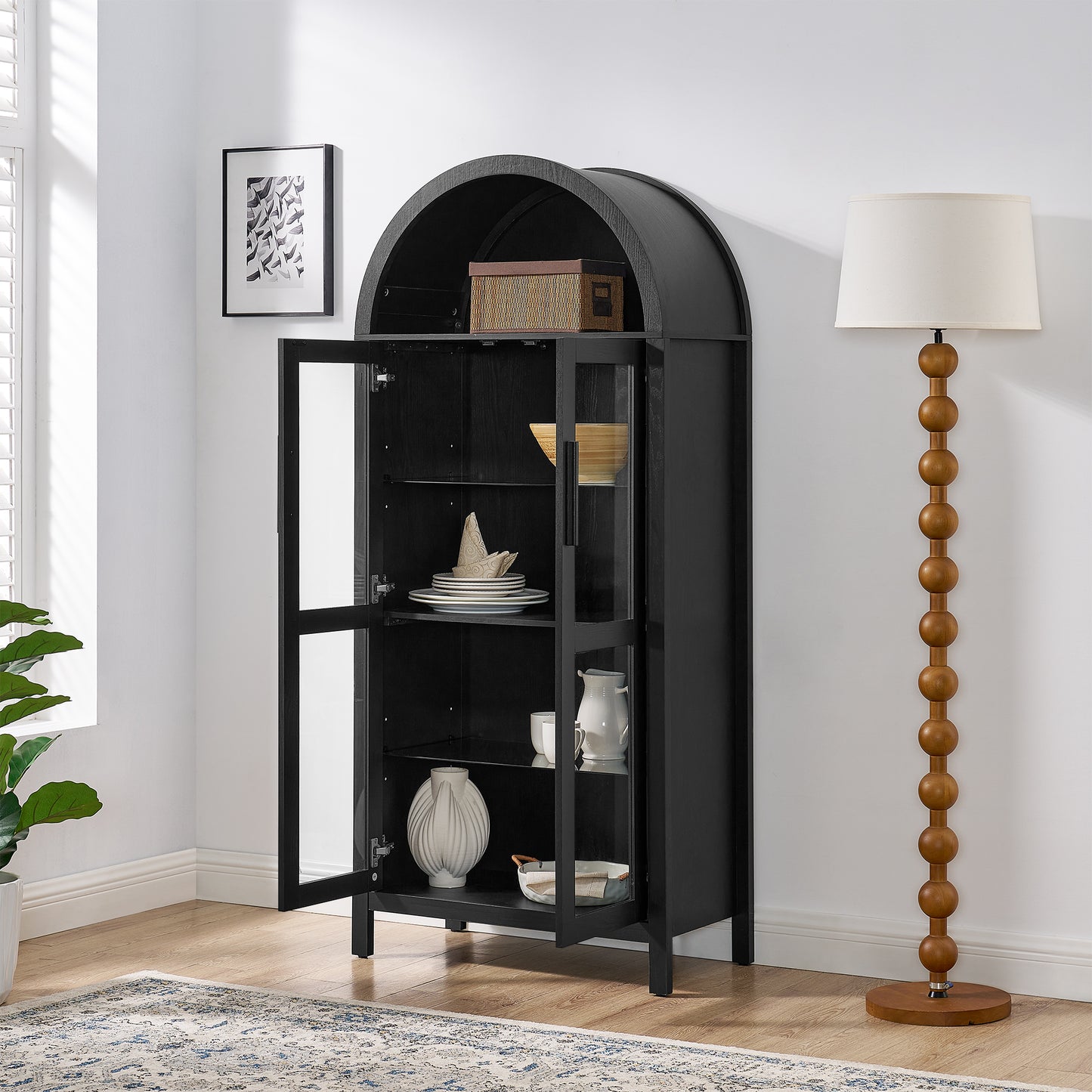 VIYET 67" Arched Storage Cabinet - LED Lamp, black MDF, Adjustable Glass Partitions