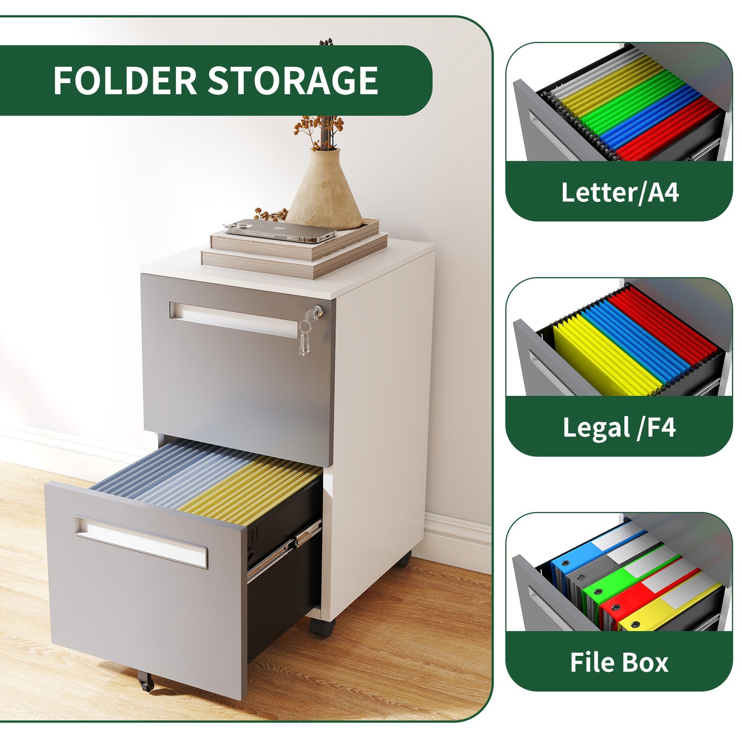 VIYET 18H" 2-Drawer Mobile File Cabinet,All-Steel Lockable Storage on 360°Wheels,Fully Assembled for Home/Commercial Office (Holds A4/Letter/Legal,White)