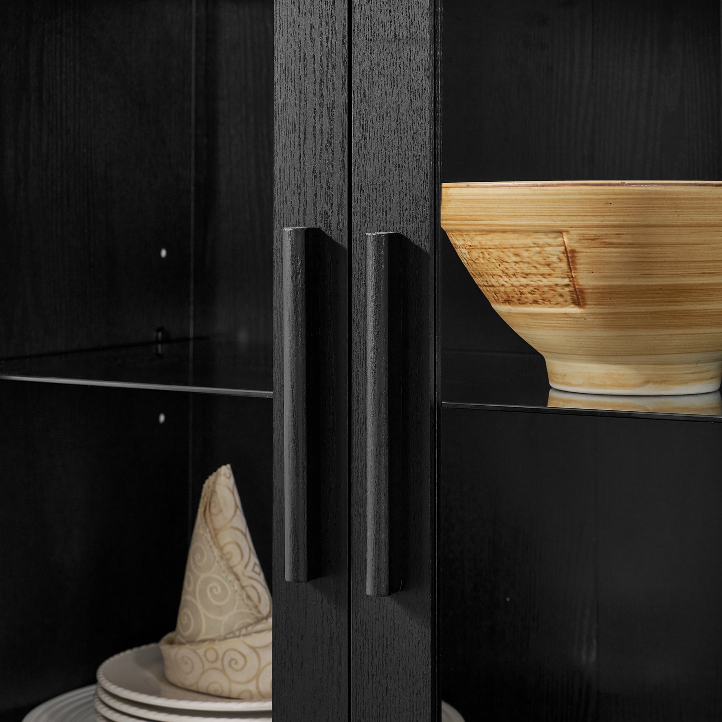 VIYET 67" Arched Storage Cabinet - LED Lamp, black MDF, Adjustable Glass Partitions