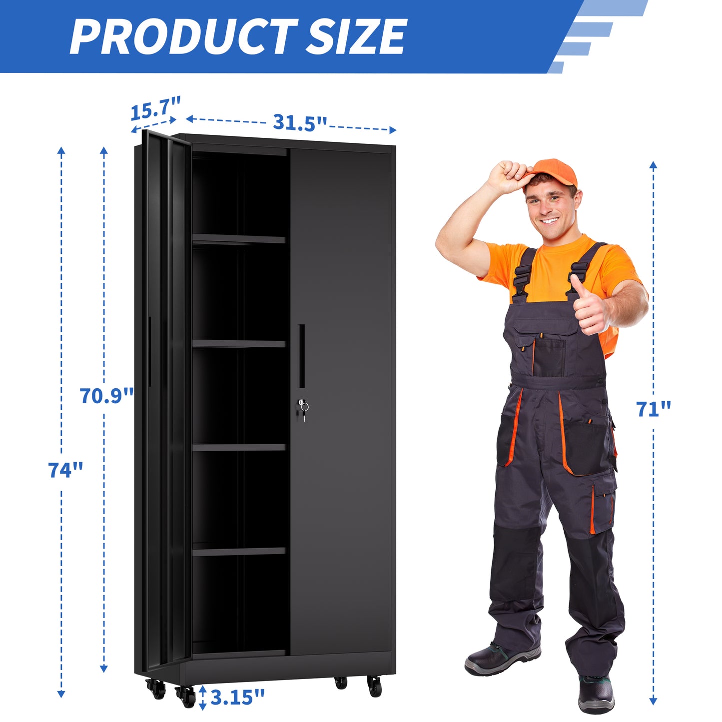 VIYET 71"H Rolling Garage Storage Cabinet,Heavy-Duty Metal Lockable Cabinet w/ 4 Adjustable Shelves (Mobile Tool Organizer for Workshop/Office)