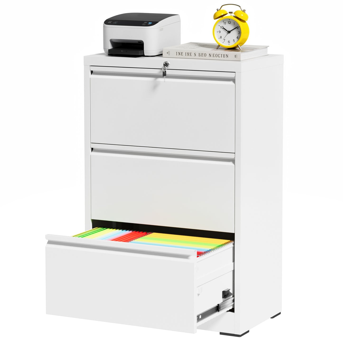 VIYET 3 Drawer Lateral File Cabinet with Lock, White Metal Filing Cabinet for Home Office, Fits Letter, Legal, A4 & F4 Hanging Files