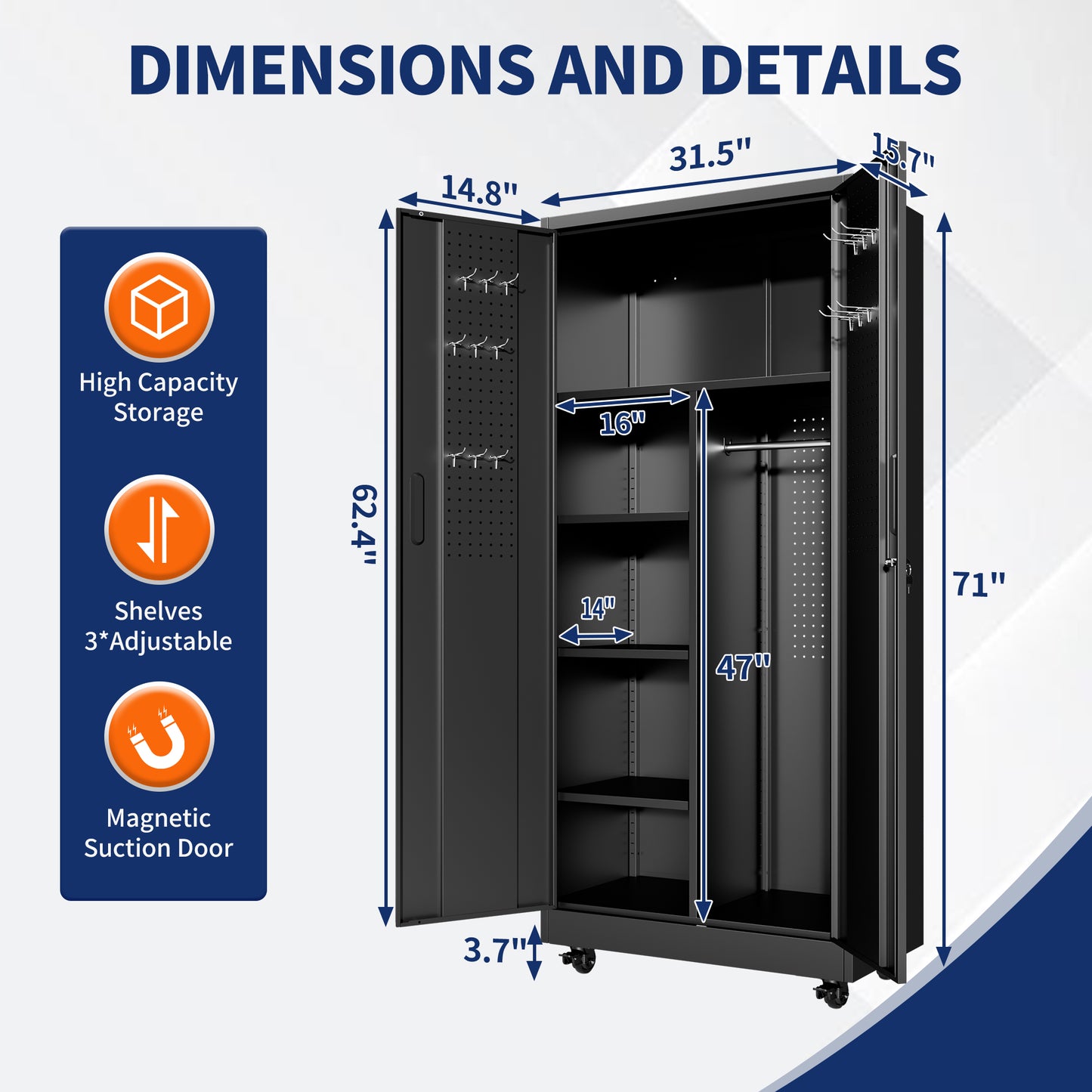 VIYET 71" Rolling Metal Storage Locker with Lockable Doors, Freestanding Steel Wardrobe Cabinet for Home Office School Gym