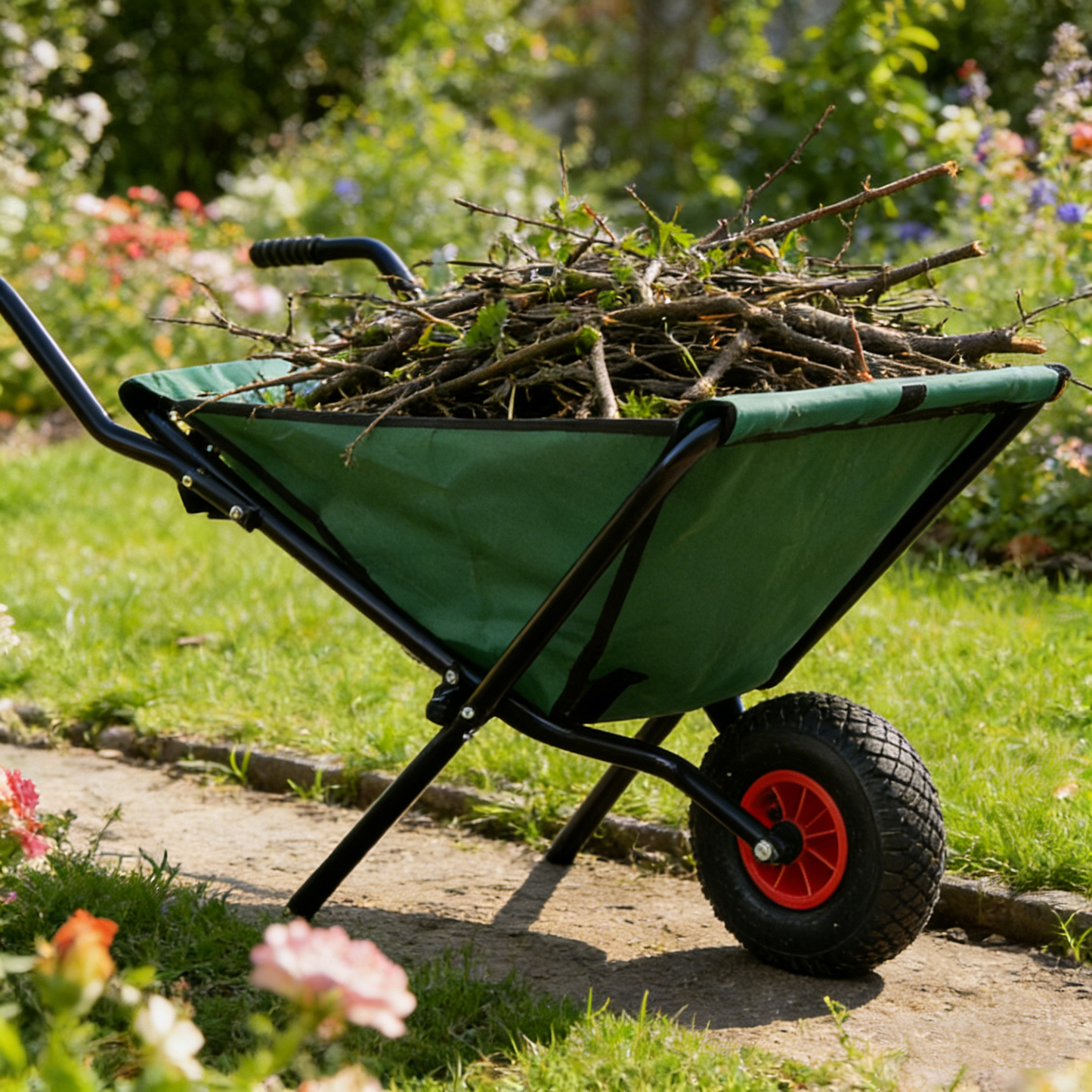 VIYET Collapsible Folding Wheelbarrow, 176 Lbs Lightweight Garden Cart, Heavy-Duty Oxford Cloth Yard Cart with 10" Pneumatic Tire for Lawn, Green