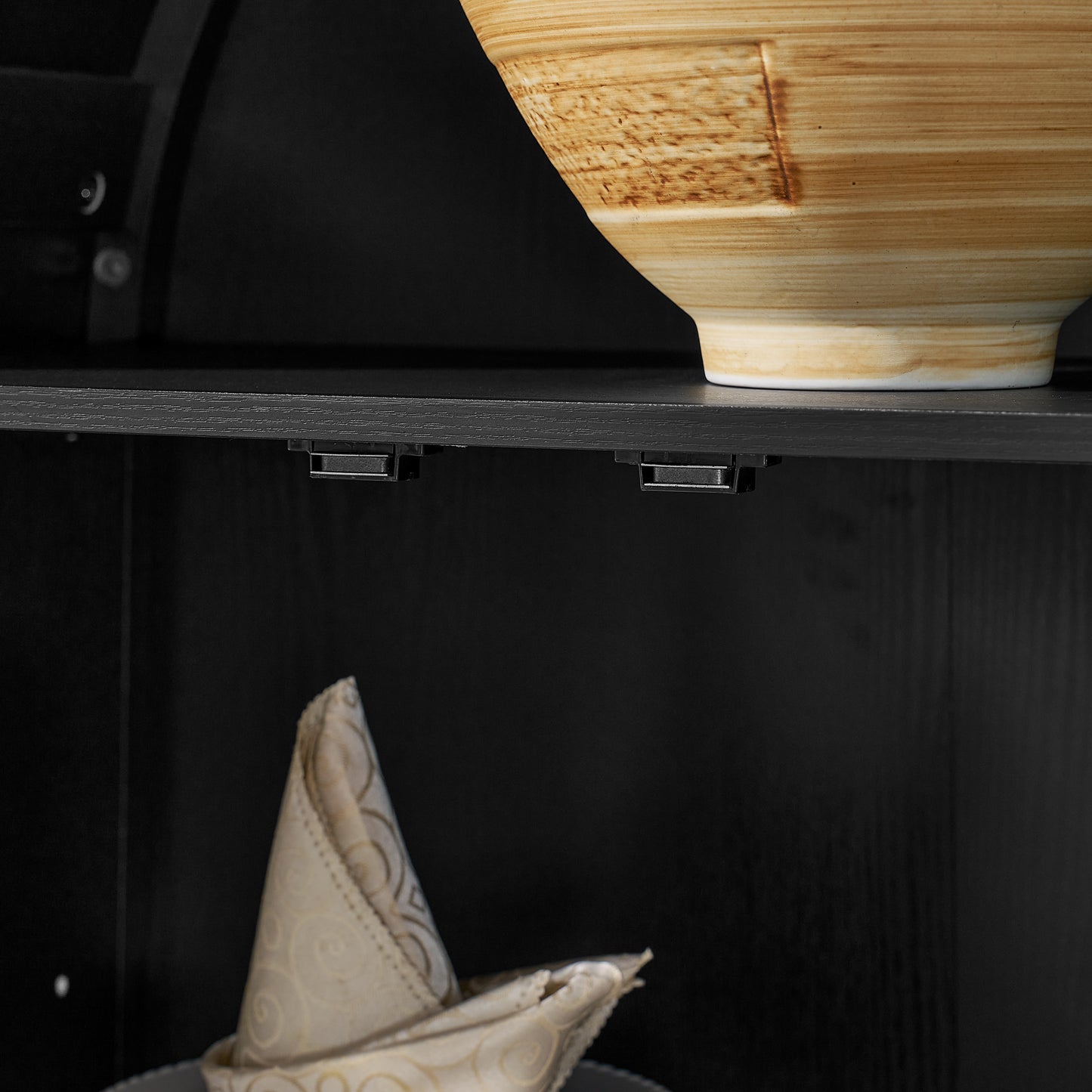 VIYET 67" Arched Storage Cabinet - LED Lamp, black MDF, Adjustable Glass Partitions