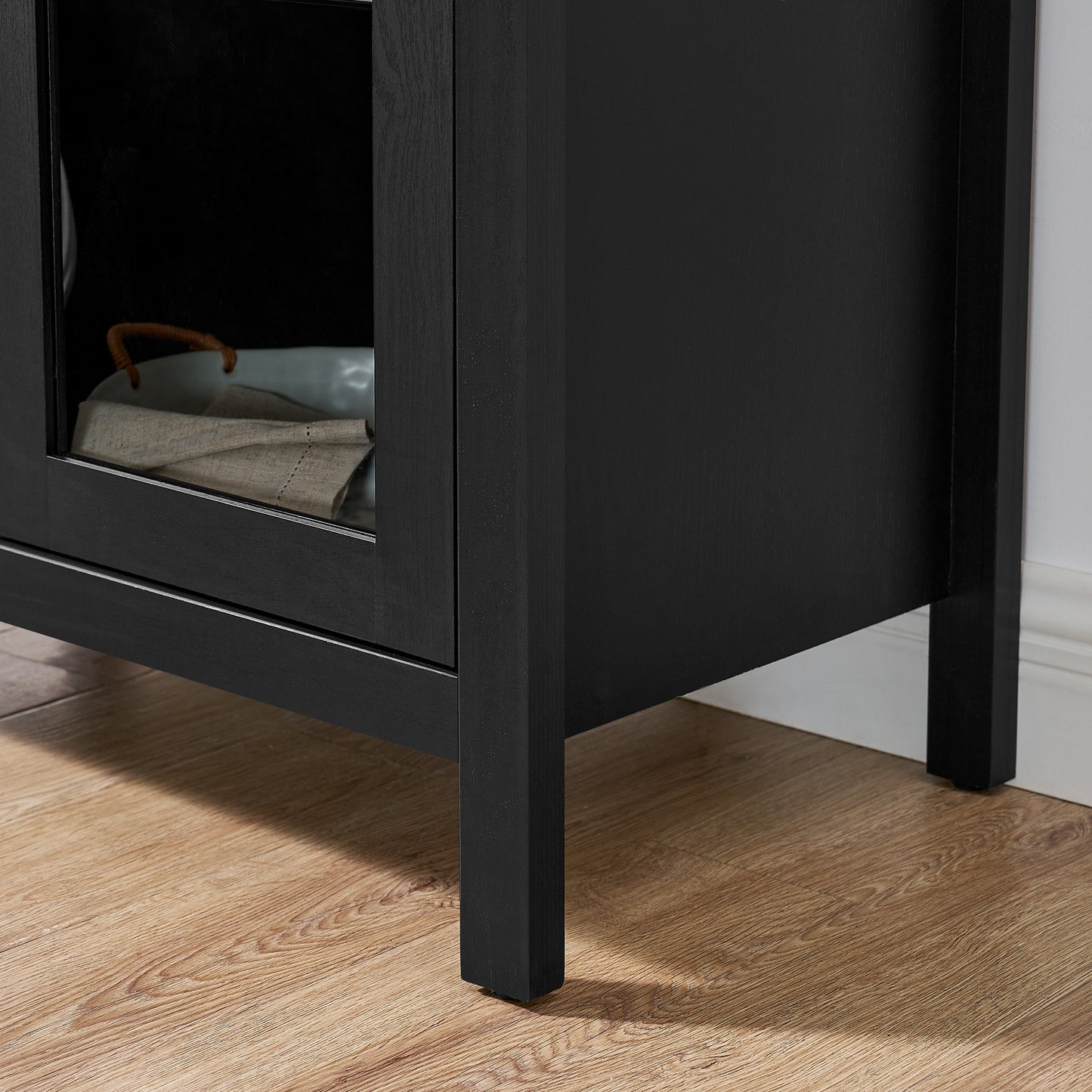 VIYET 67" Arched Storage Cabinet - LED Lamp, black MDF, Adjustable Glass Partitions