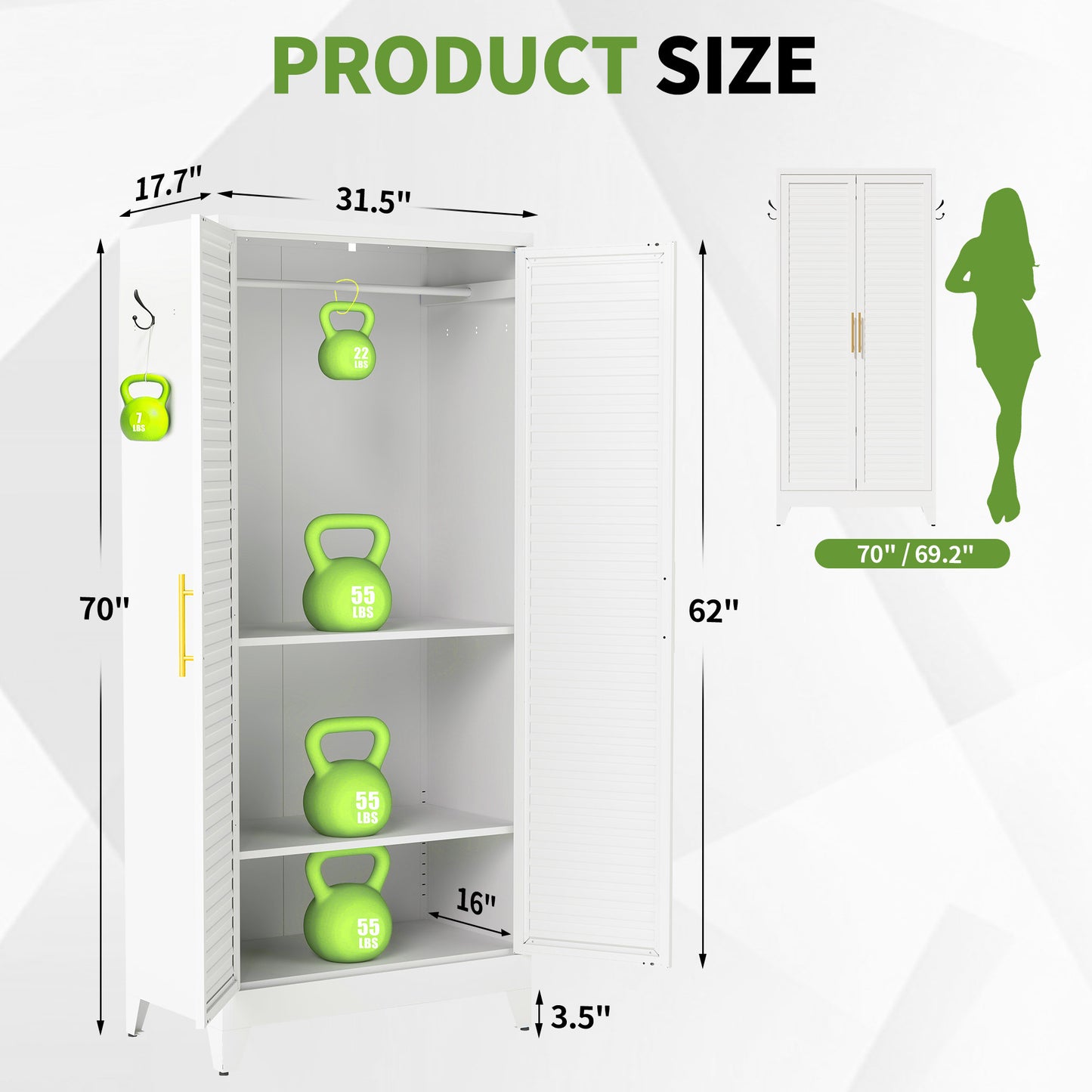 VIYET 71" Metal Wardrobe Closet with 2 Doors, Hanging Rod & Adjustable Shelves, Freestanding Steel Storage Cabinet for Bedroom, Apartment, Dorm