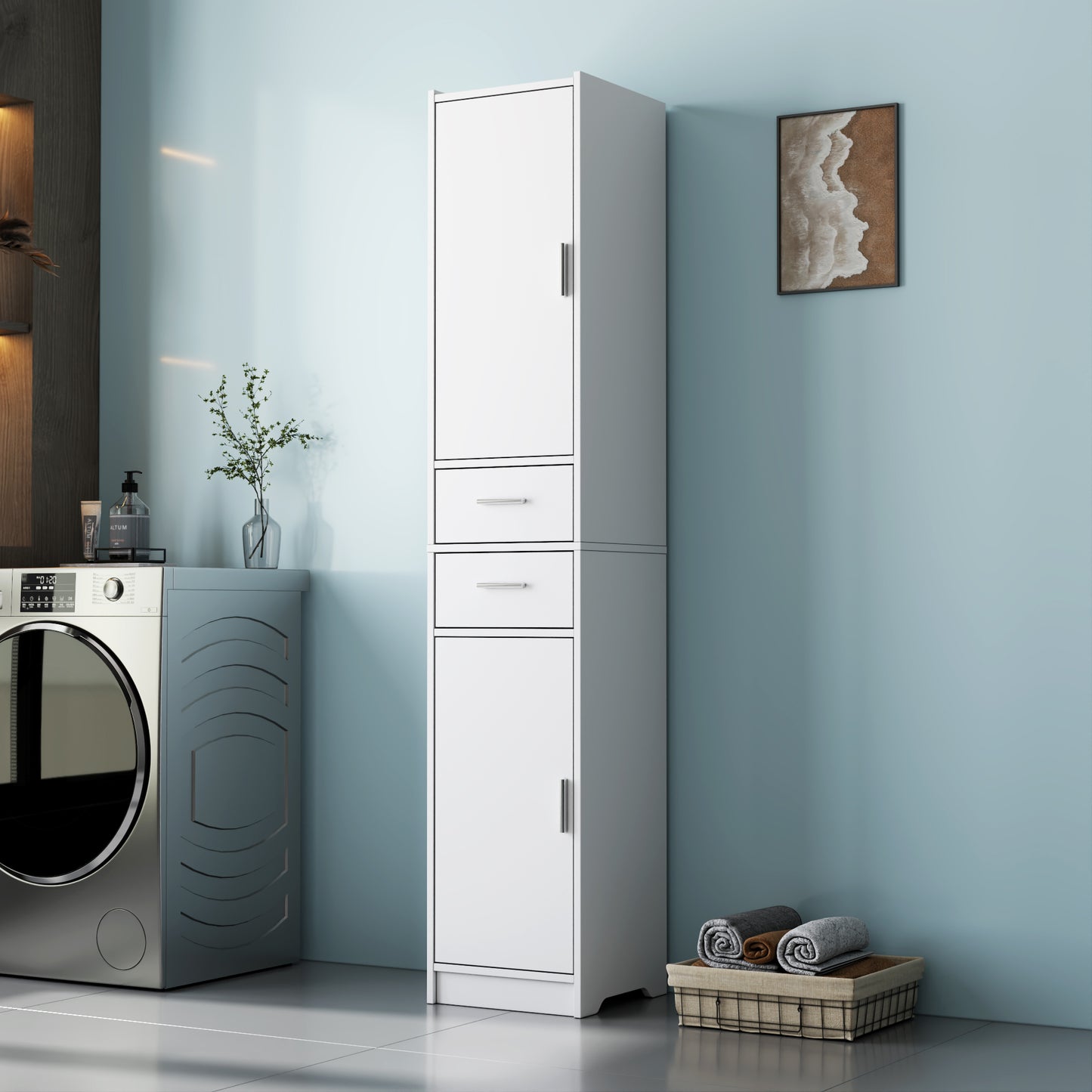 VIYET 71" Tall Narrow Storage Cabinet - White Particle Board+MDF, 2 Doors, 2 Drawers, Adjustable Shelves, Kitchen Use