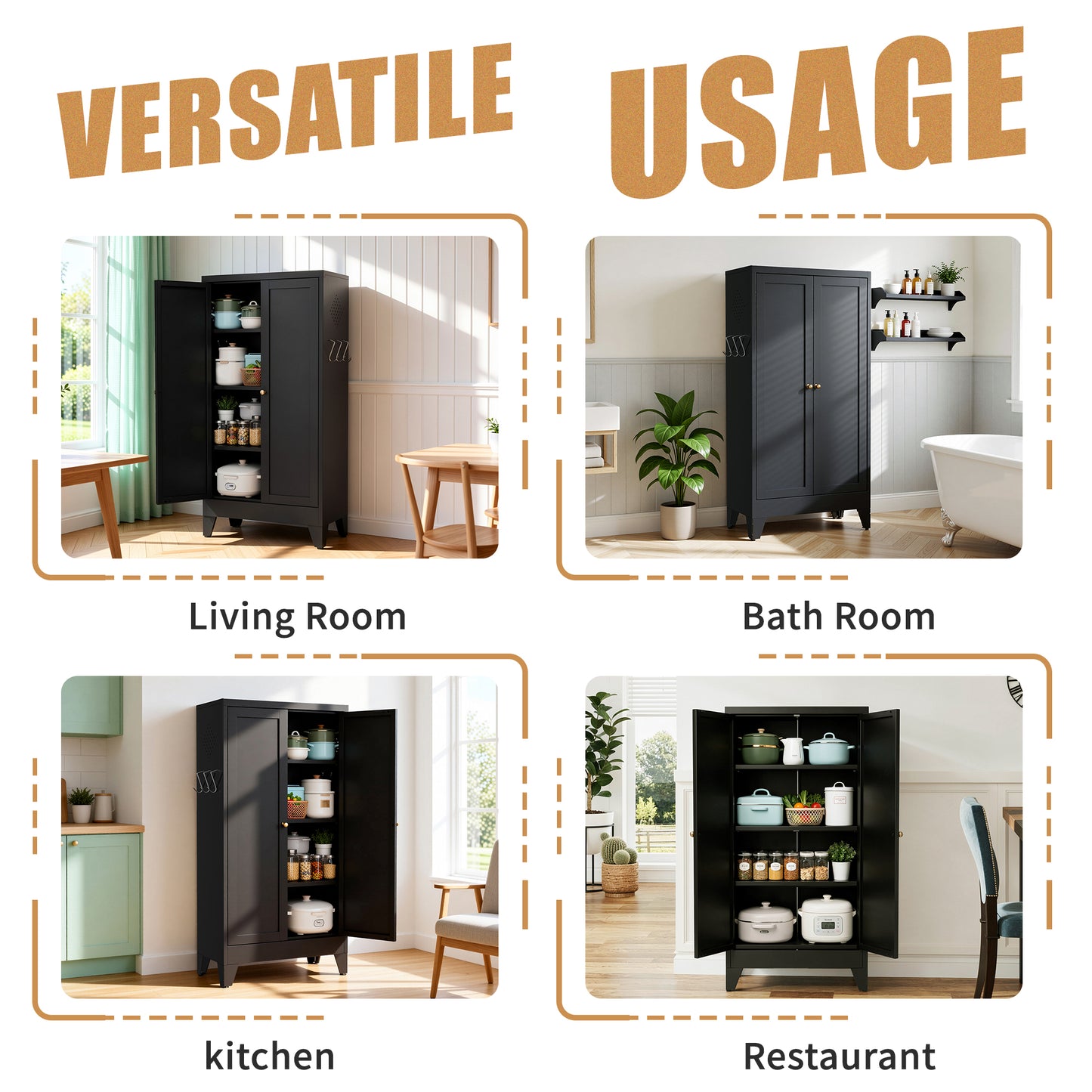 VIYET 47" Black Metal Pantry Cabinet with Adjustable Shelves, Freestanding Kitchen Storage Cabinet with Doors for Pantry, Bathroom & Living Room