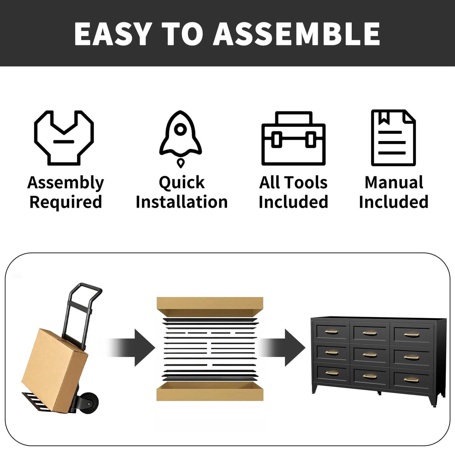 VIYET 9-Drawer Black Dresser for Bedroom, 52" Wide Low-Profile Chest of Drawers with Smooth-Glide Storage