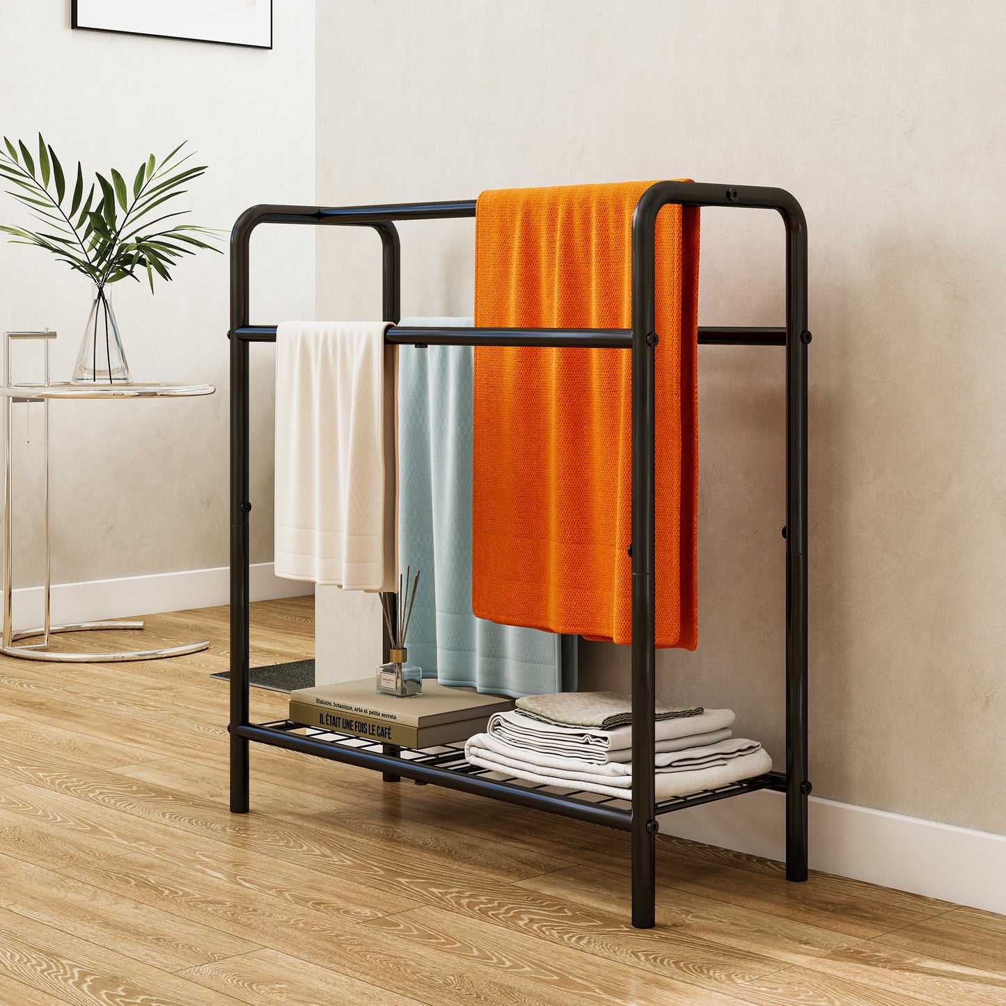 VIYET 30" 3-Tier Metal Towel Rack, Freestanding Black Storage Holder (Bathroom/Bedroom/Pool Display Organizer)