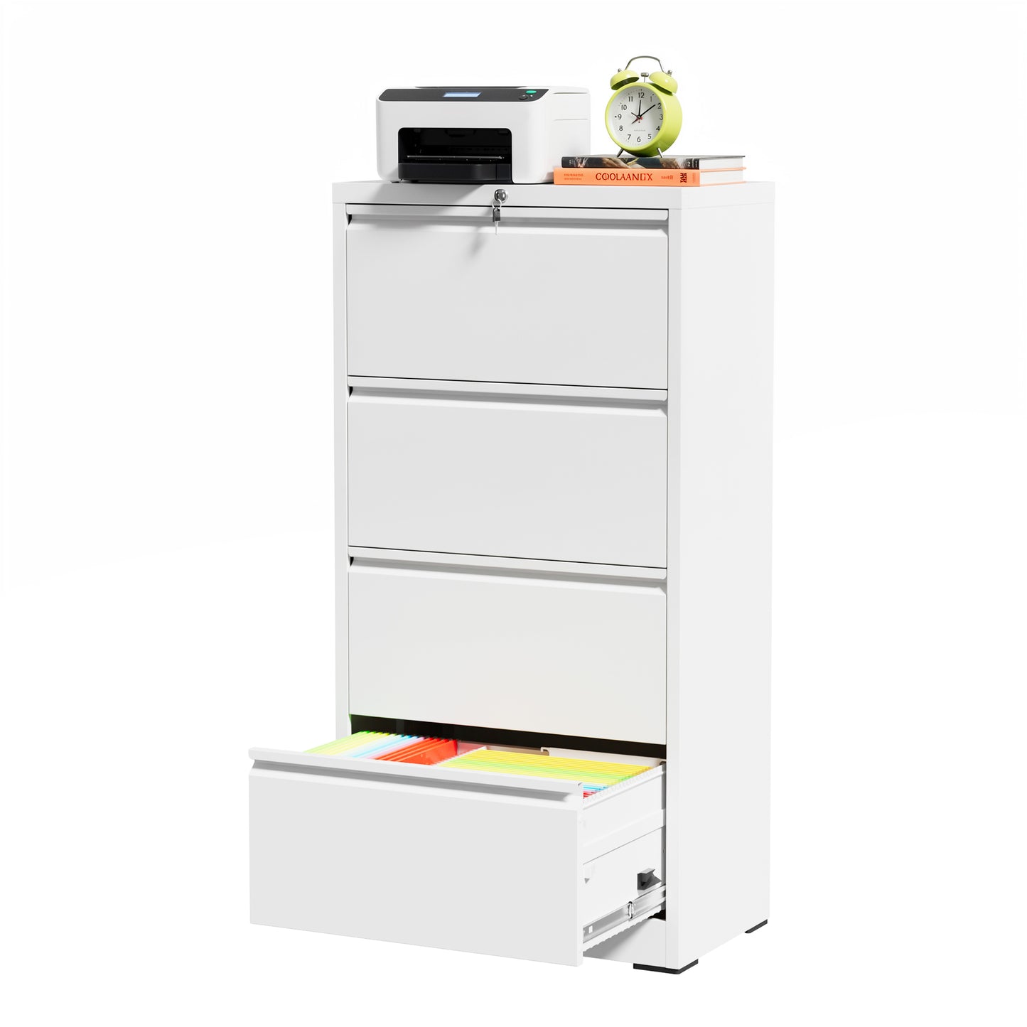 VIYET 4 Drawer Lateral File Cabinet with Lock, White Metal Filing Cabinet for Home Office, Fits Letter, Legal, A4 & F4 Hanging Files