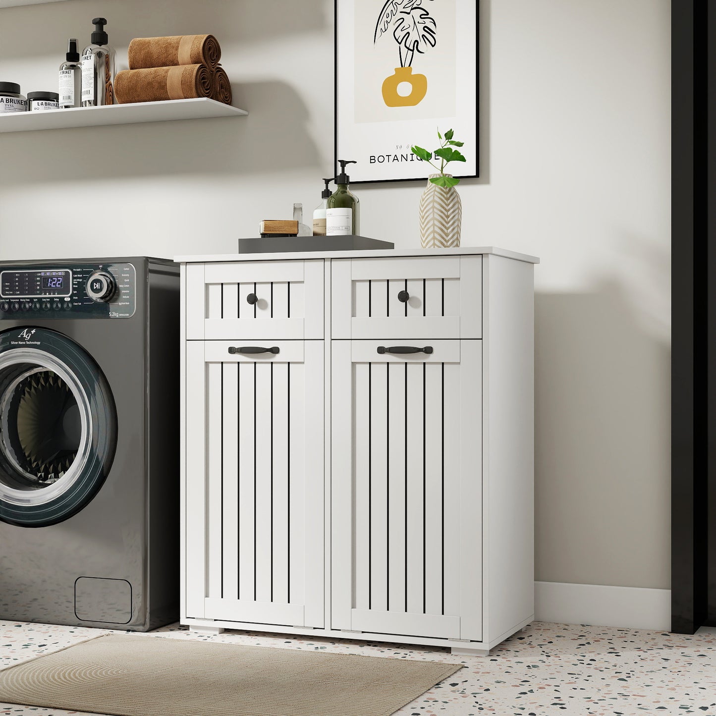 VIYET 35.8" White Laundry Cabinet - Particle Board+MDF, 2 Removable Baskets & 2 Light/Dark Sorting Drawers