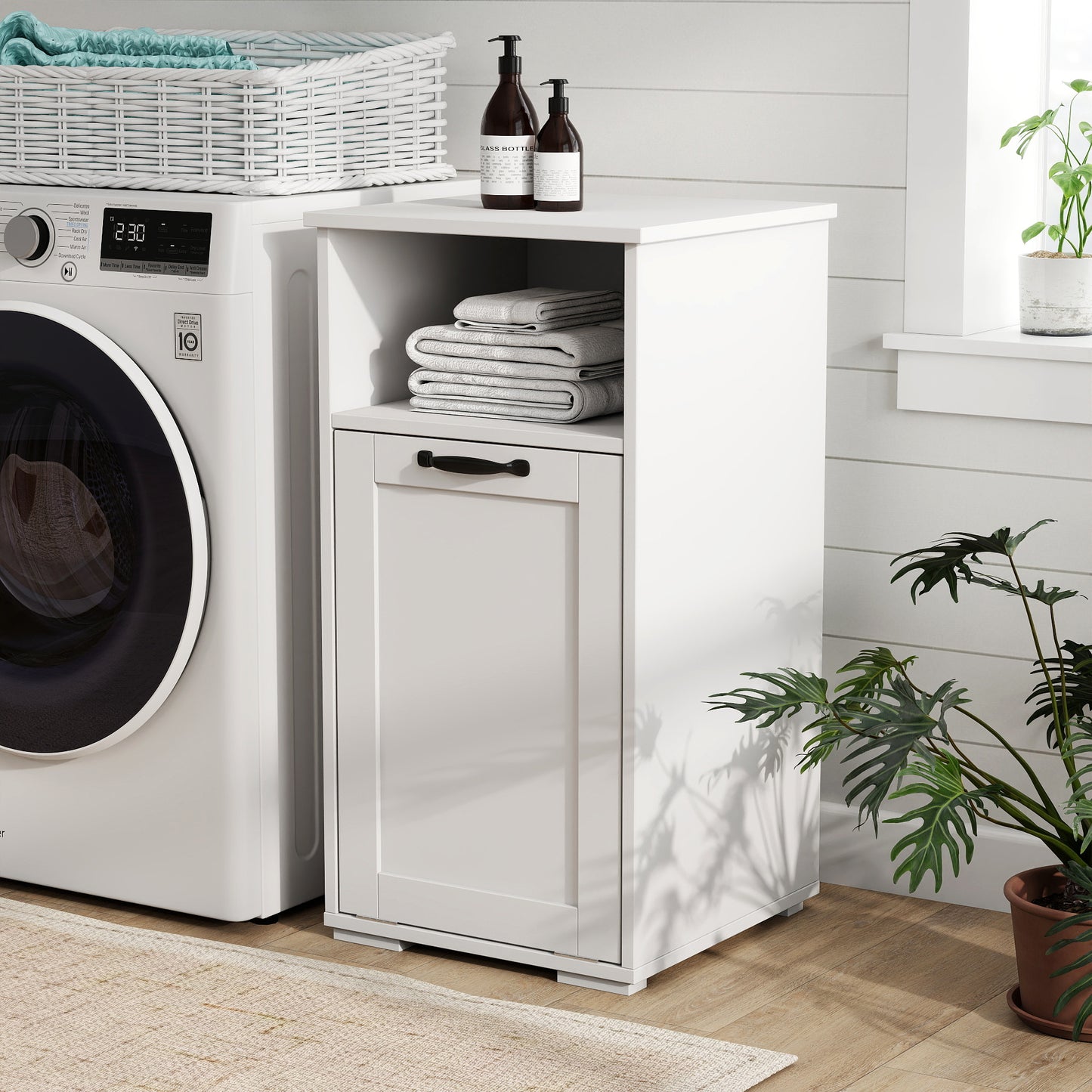 VIYET 29.5" Storage Cabinet, White Particle Board+MDF Storage Cabinet w/ 1 Removable Liner Bag & Open Shelf