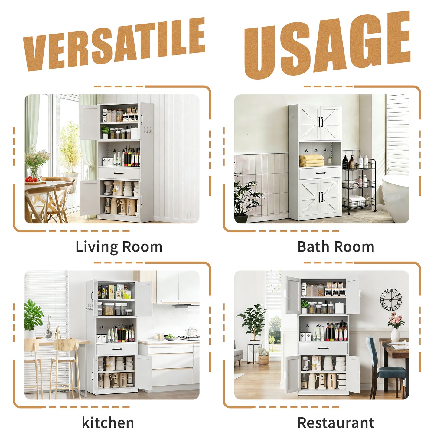 VIYET 71"H Heavy-Duty White Steel Pantry Cabinet,Large Countertop+Adjustable Shelves+Drawers+Hooks,Modern Storage for Kitchen/Bathroom/Living Room