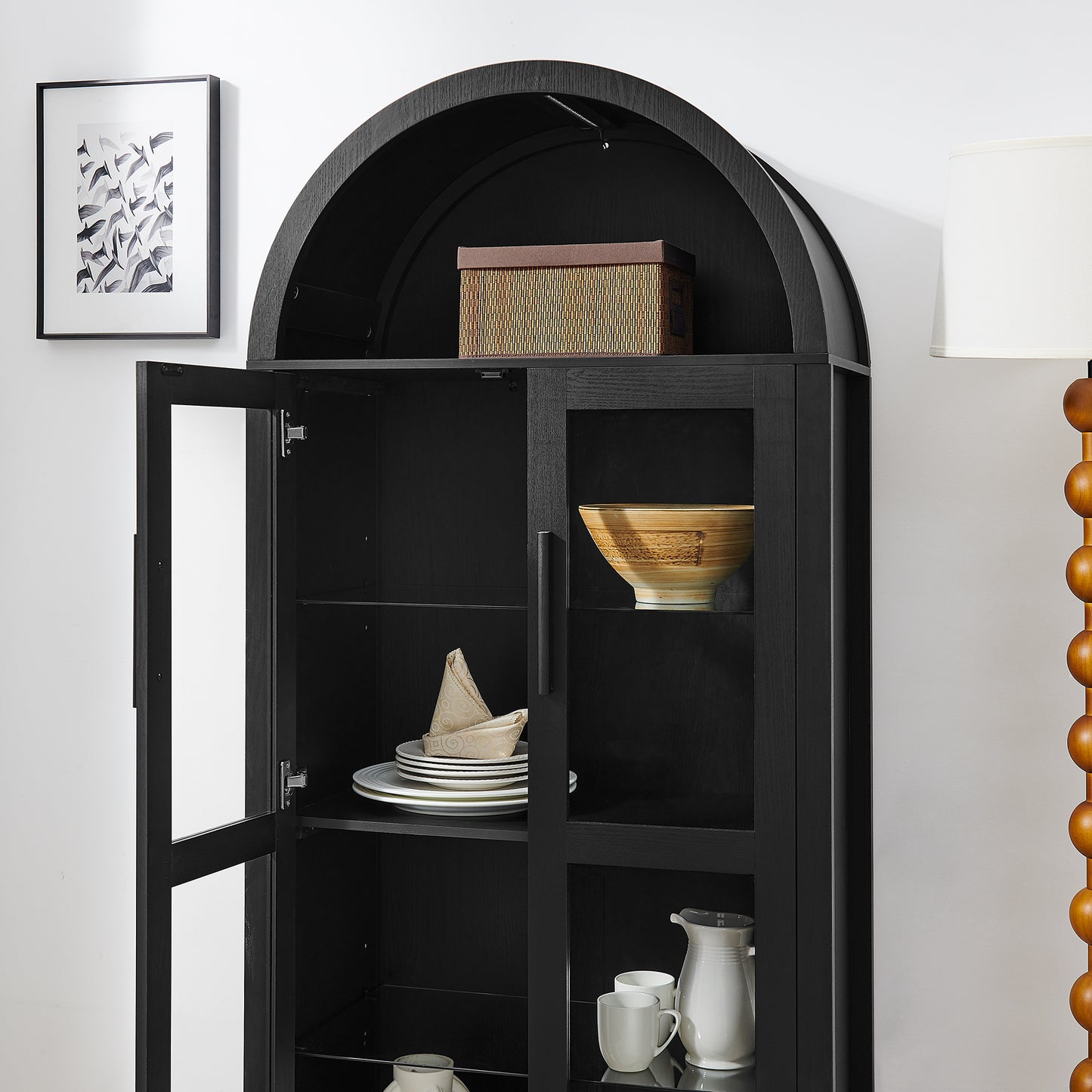 VIYET 67" Arched Storage Cabinet - LED Lamp, black MDF, Adjustable Glass Partitions