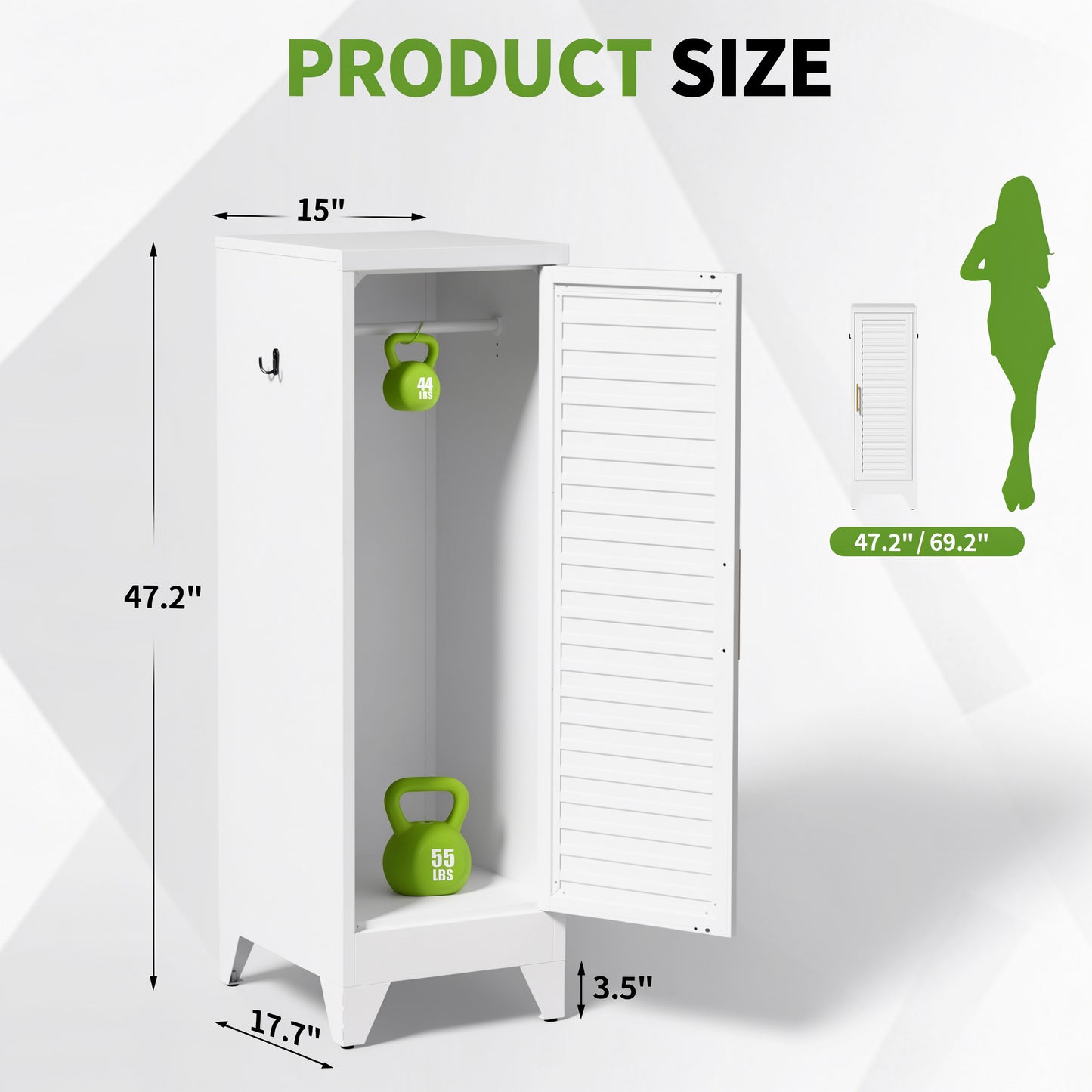VIYET 47.2" Narrow Metal Wardrobe Closet, Slim Storage Cabinet with Louvered Door and Hanging Rail, Freestanding Clothes Organizer for Bedroom, Apartment, Dorm, White