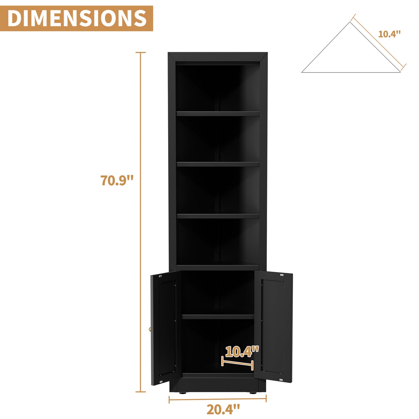 VIYET 71" Tall Black Corner Storage Cabinet, 5-Tier Freestanding Metal Corner Organizer with Adjustable Shelves & Doors