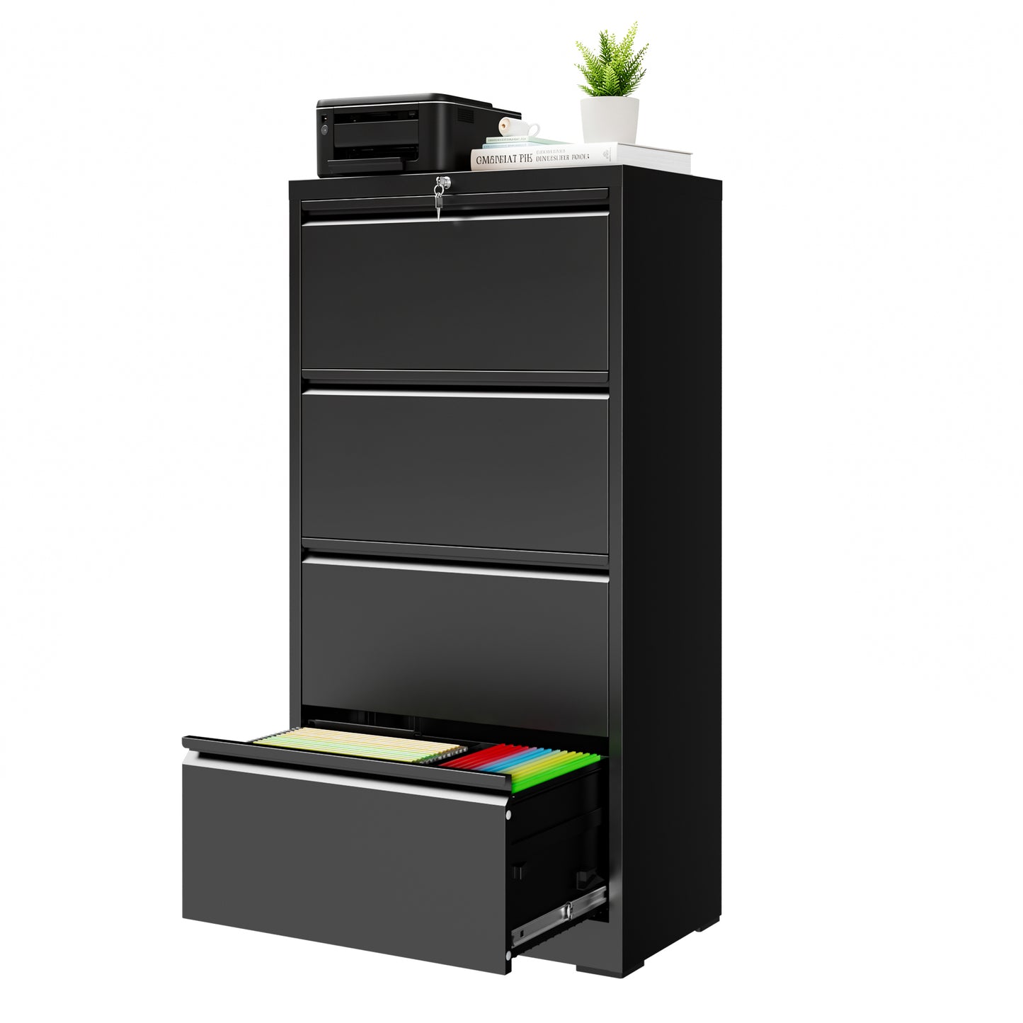 VIYET 4 Drawer Lateral File Cabinet with Lock, Metal Filing Cabinet for Home Office, Steel File Cabinet Fits Letter, Legal, A4 & F4 Hanging Files, Black